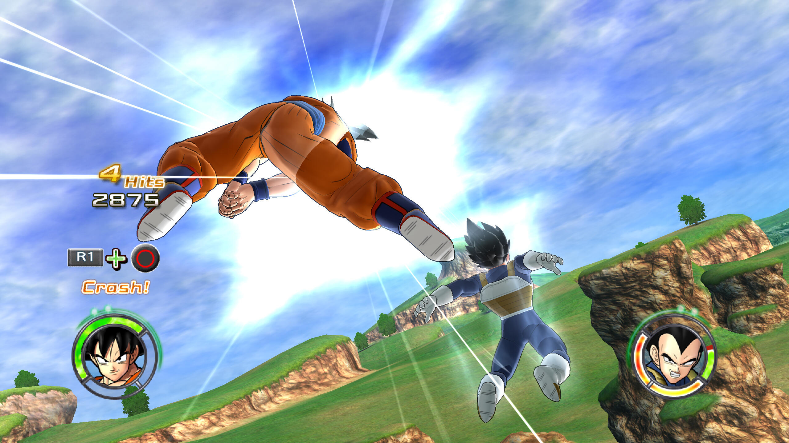Dragon Ball Z Kampfszene, Goku in orangefarbener Kleidung greift Vegeta in blauer Rüstung mit Energie an.
