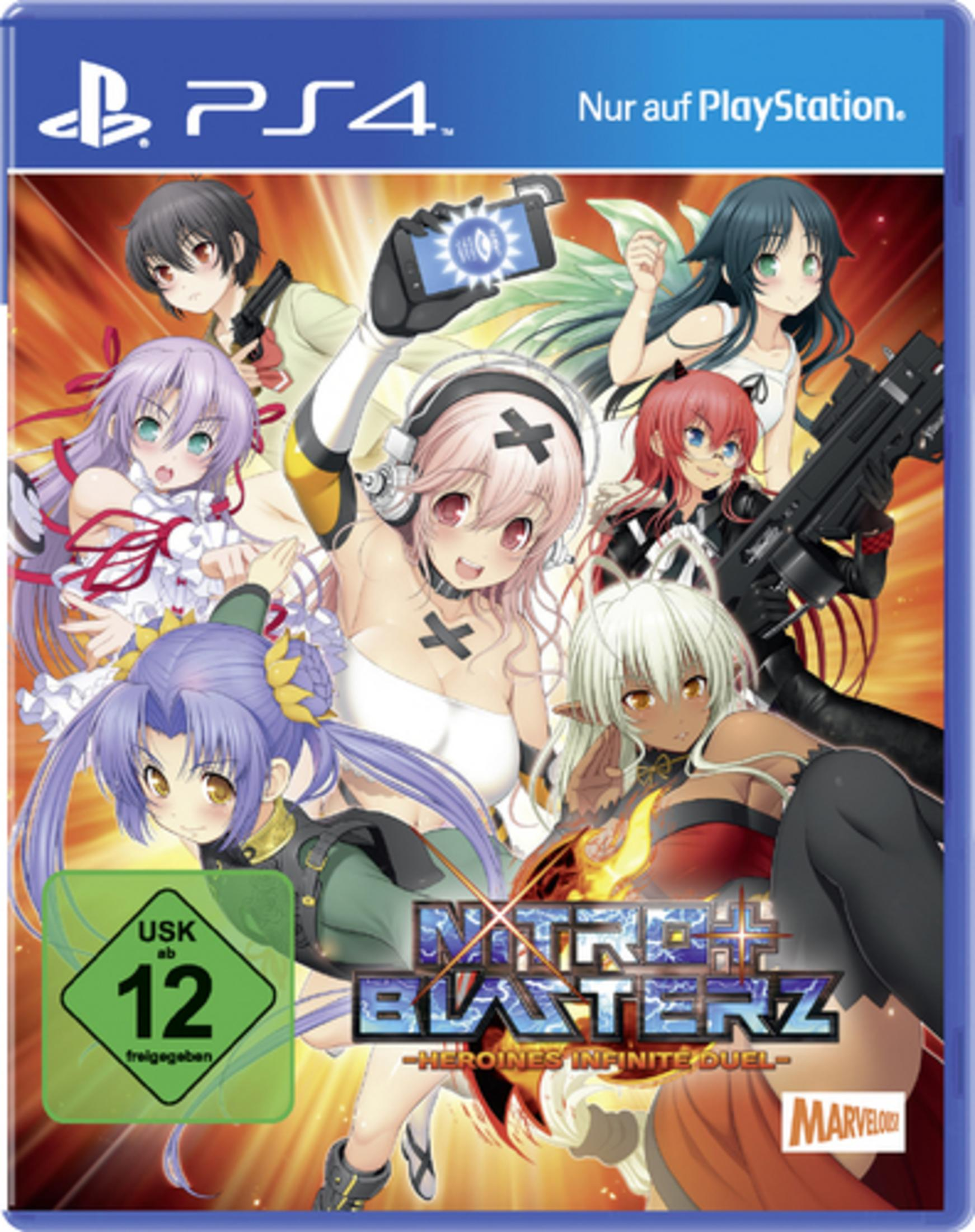 Nitra+Blasterz-Spielcover. Zeigt Anime-Charaktere in einer farbenfrohen, dynamischen Szene.