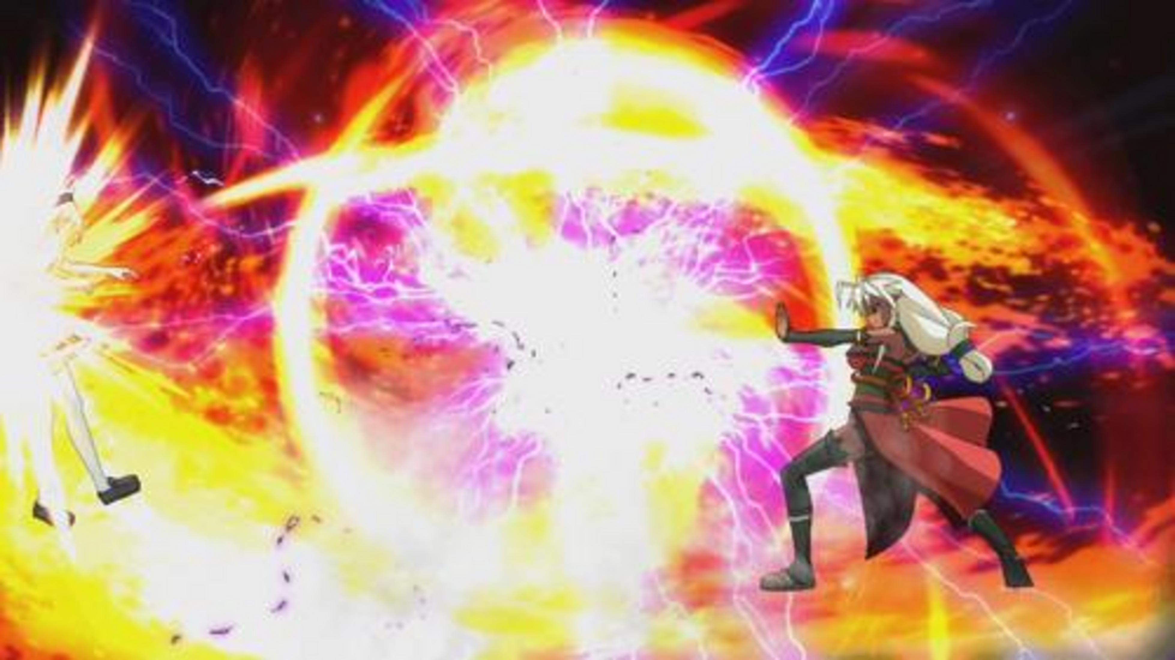 Anime-Szene von Charakteren, die Energie aussenden, mit einer hellen Explosion in der Mitte.