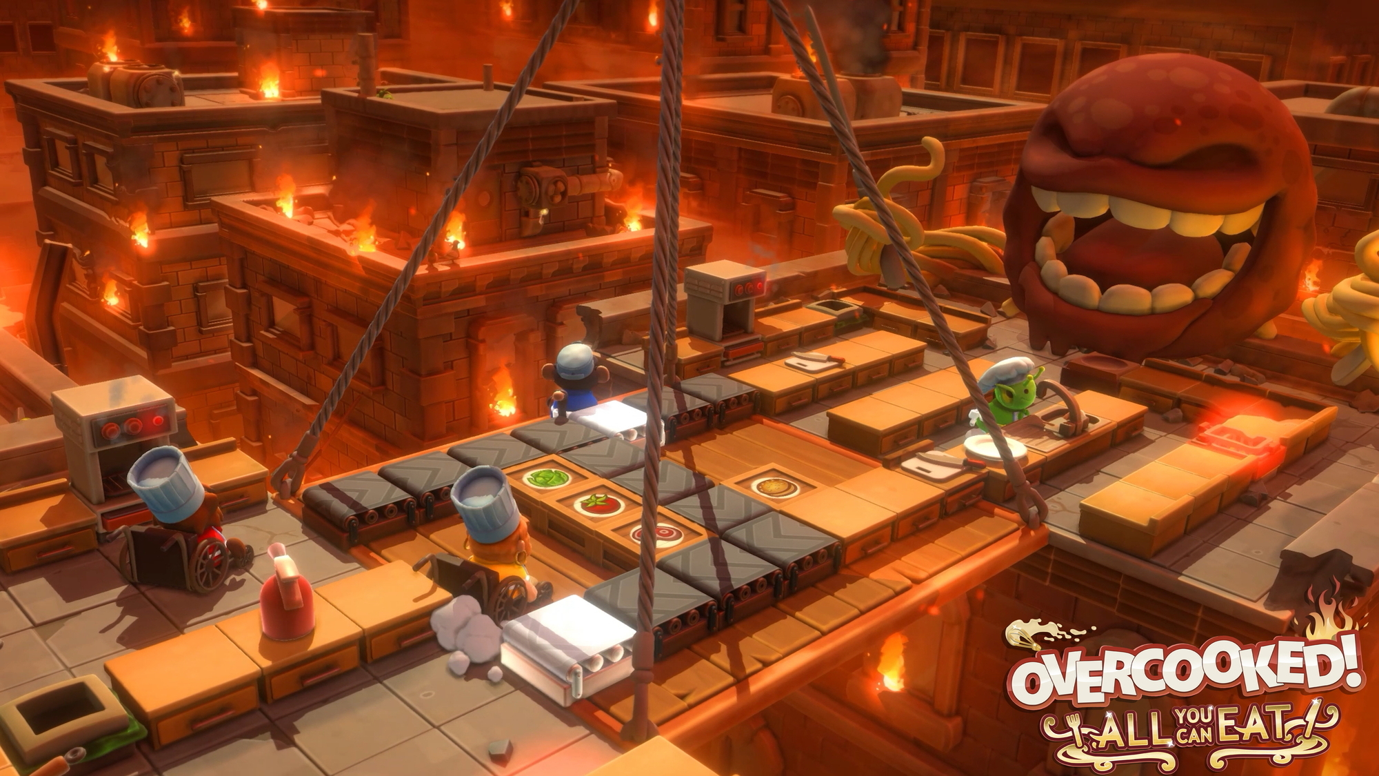 Kolorowa, kreskówkowa scena kuchenna z gry 'Overcooked!'. Postacie gotują na platformach.