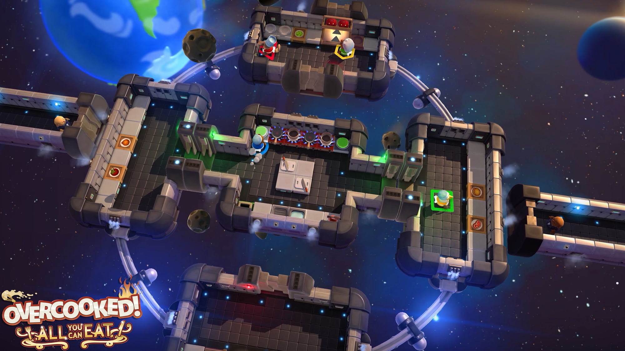 Kreskówkowa scena kuchenna w kosmosie z gry 'Overcooked!'. Postacie gotują w stacjach kosmicznych.