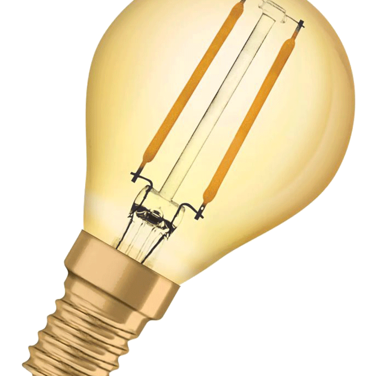 Lampadina gialla con base dorata e due filamenti.