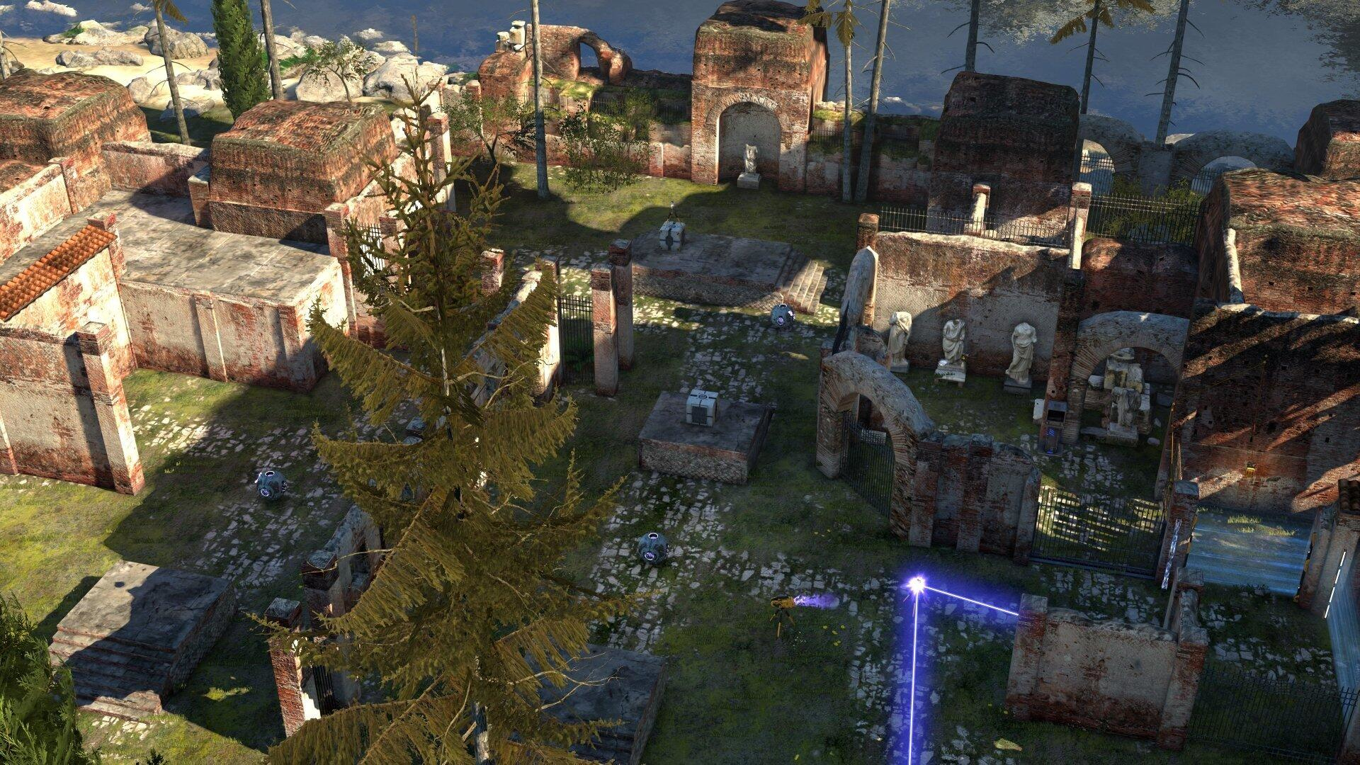 Eine Luftaufnahme einer Landschaft mit Ruinen, Bäumen und einem blauen Laserstrahl.