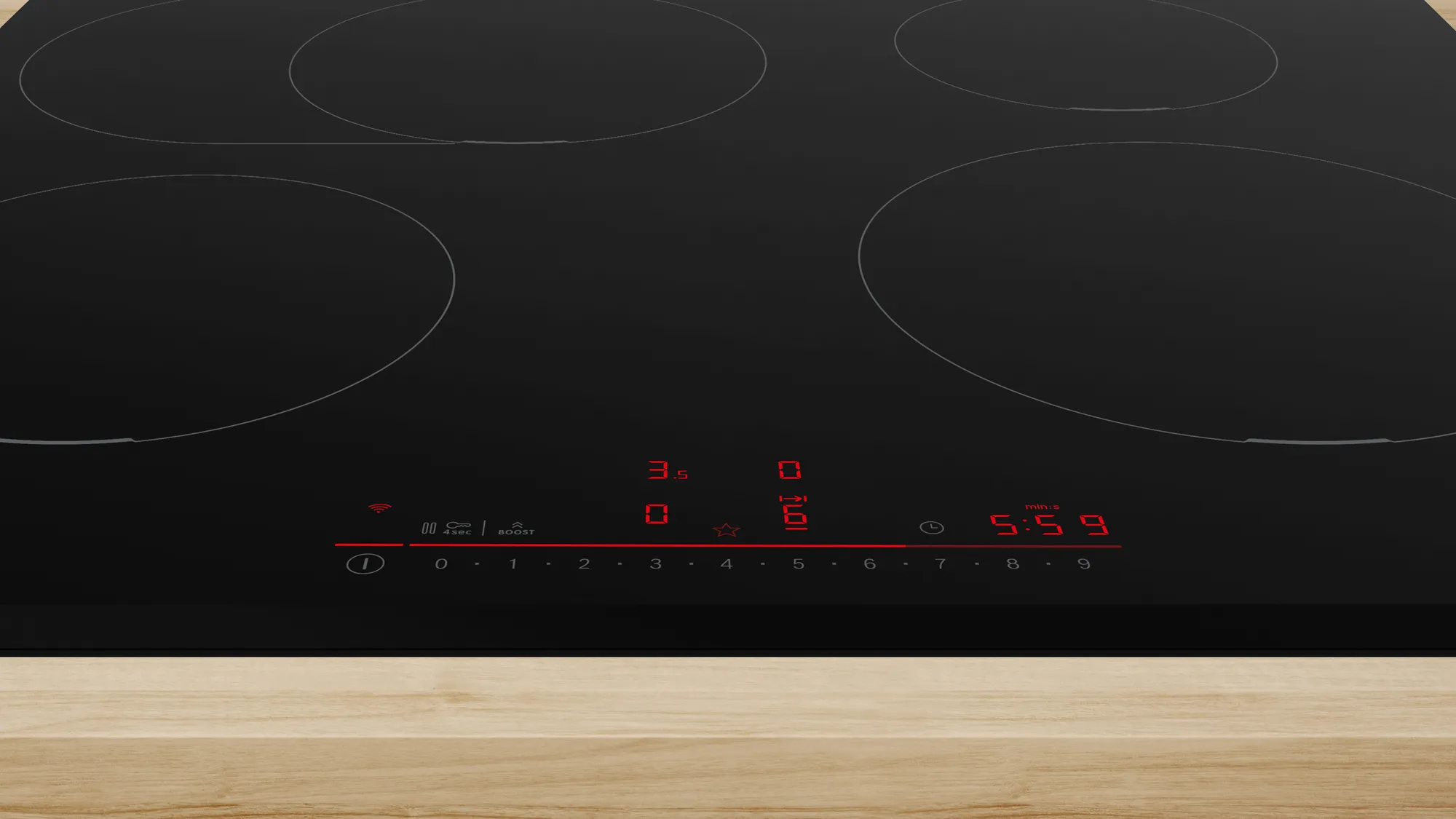 Piano cottura a induzione nero, pannello comandi con display numerico.