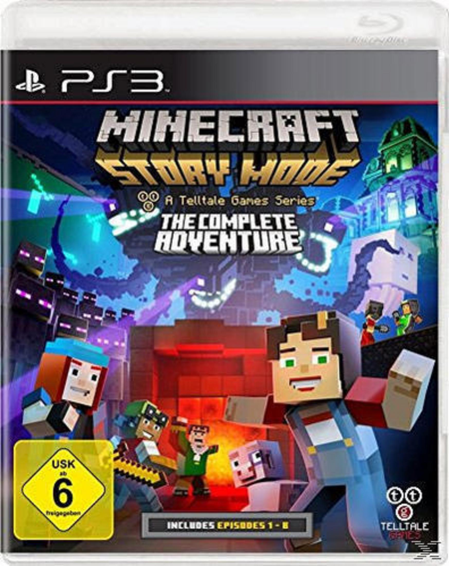 Minecraft Story Mode Spielcover, Charaktere in Würfelwelt, komplettes Abenteuer.