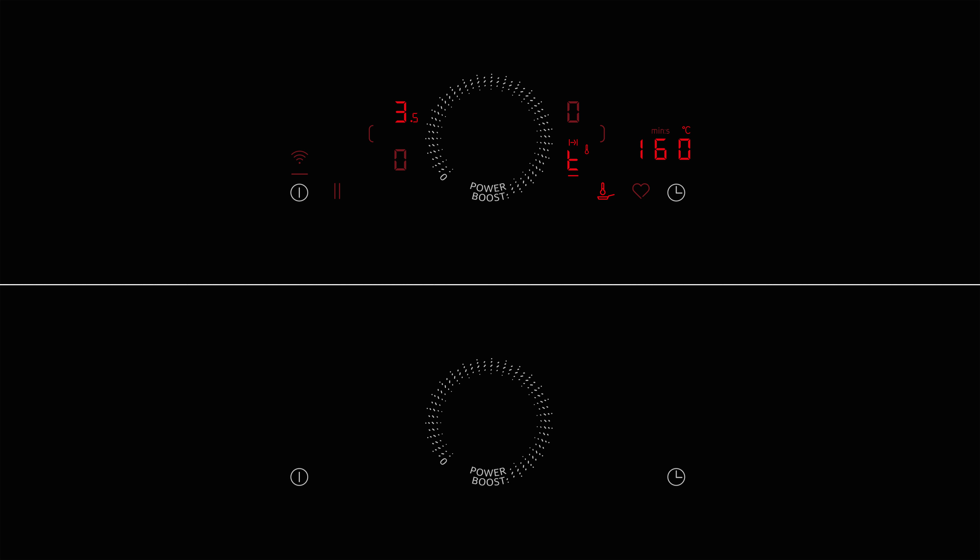Piano cottura nero con due display digitali che mostrano le impostazioni, con controllo boost.