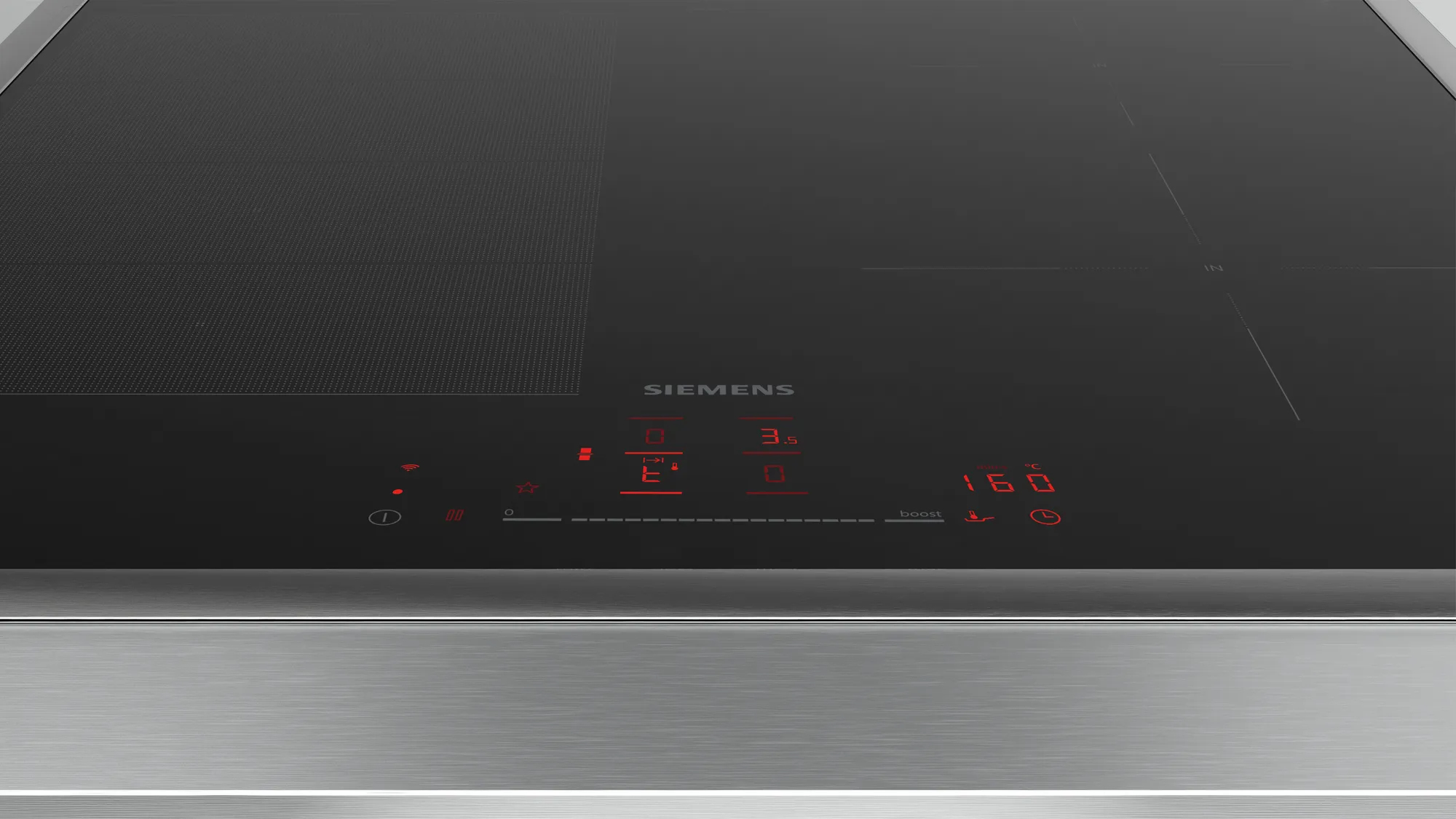 Zbliżenie czarnej płyty indukcyjnej Siemens. Czerwony wyświetlacz cyfrowy pokazuje ustawienia.
