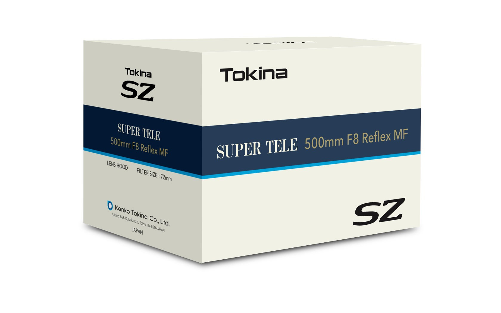 Scatola bianca per obiettivo Tokina. Contiene le parole 'Tokina SZ' e 'SUPER TELE 500mm F8 Reflex MF'.