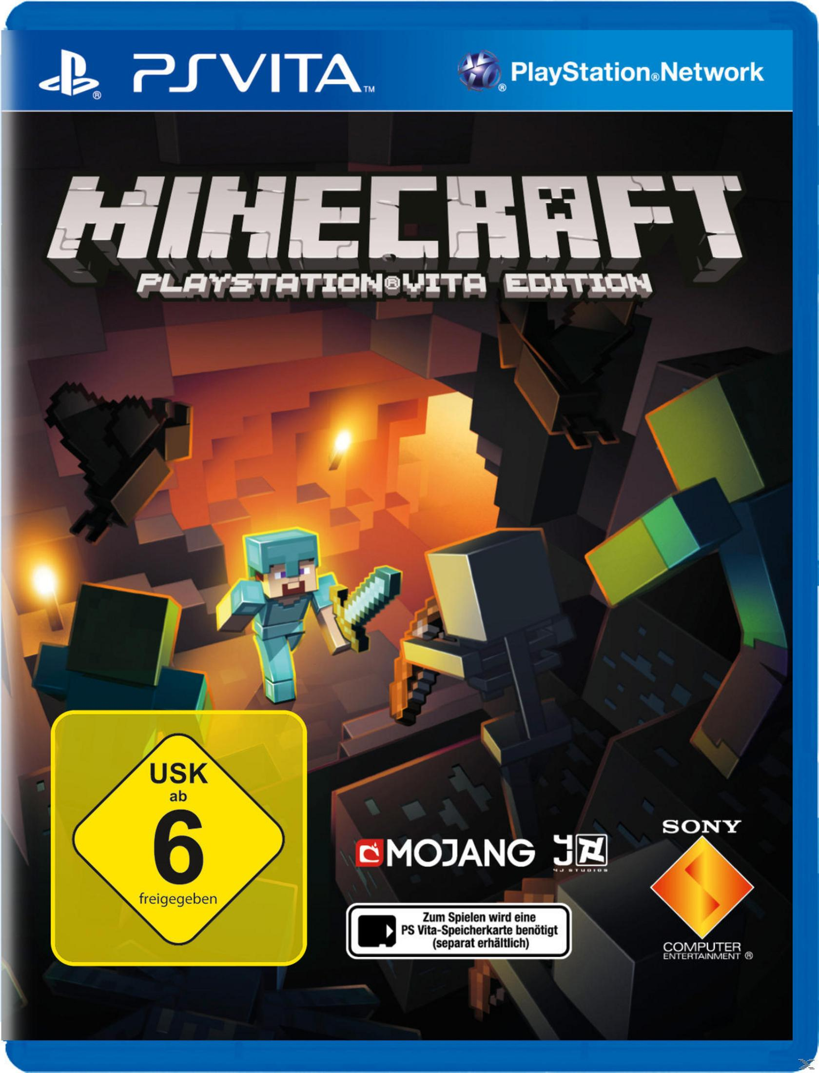 Okładka gry PS Vita dla Minecraft, z pikselowanymi postaciami w otoczeniu jaskini.