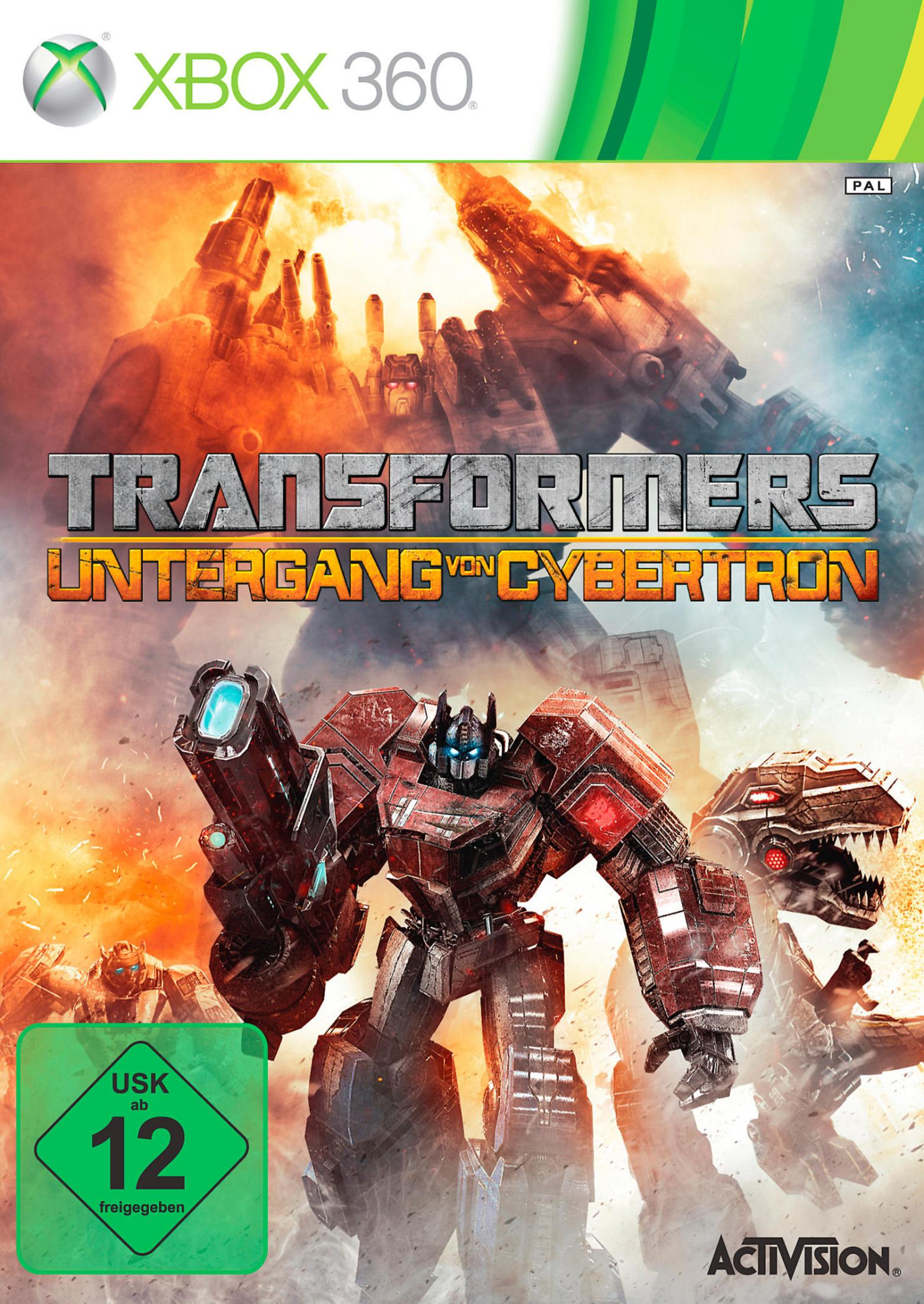 Xbox 360 Spielcover für Transformers: Untergang von Cybertron, mit Roboter und Stadtlandschaft.