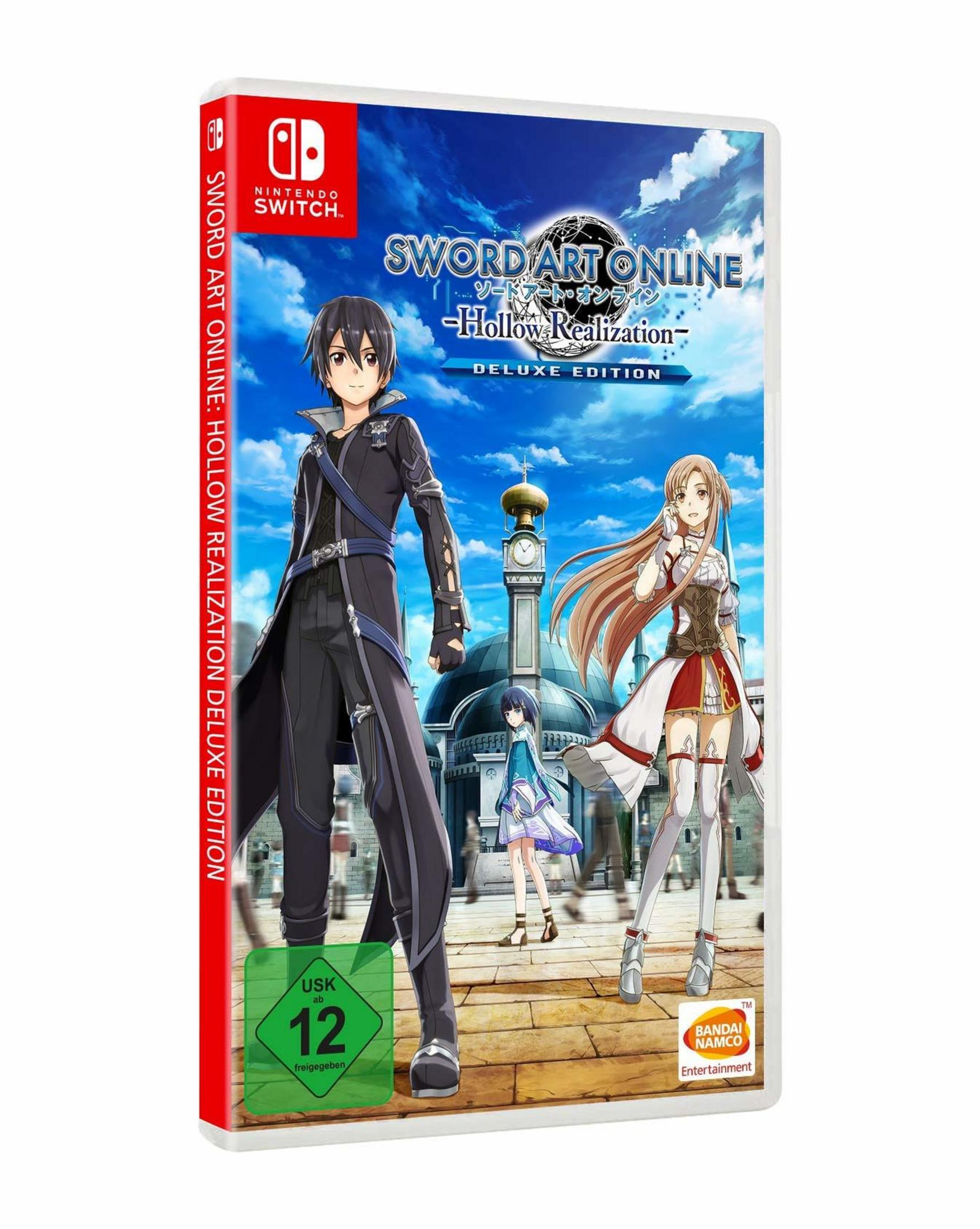 Sword Art Online Spielcover. Enthält männliche und weibliche Anime-Charaktere in einer Fantasy-Umgebung.