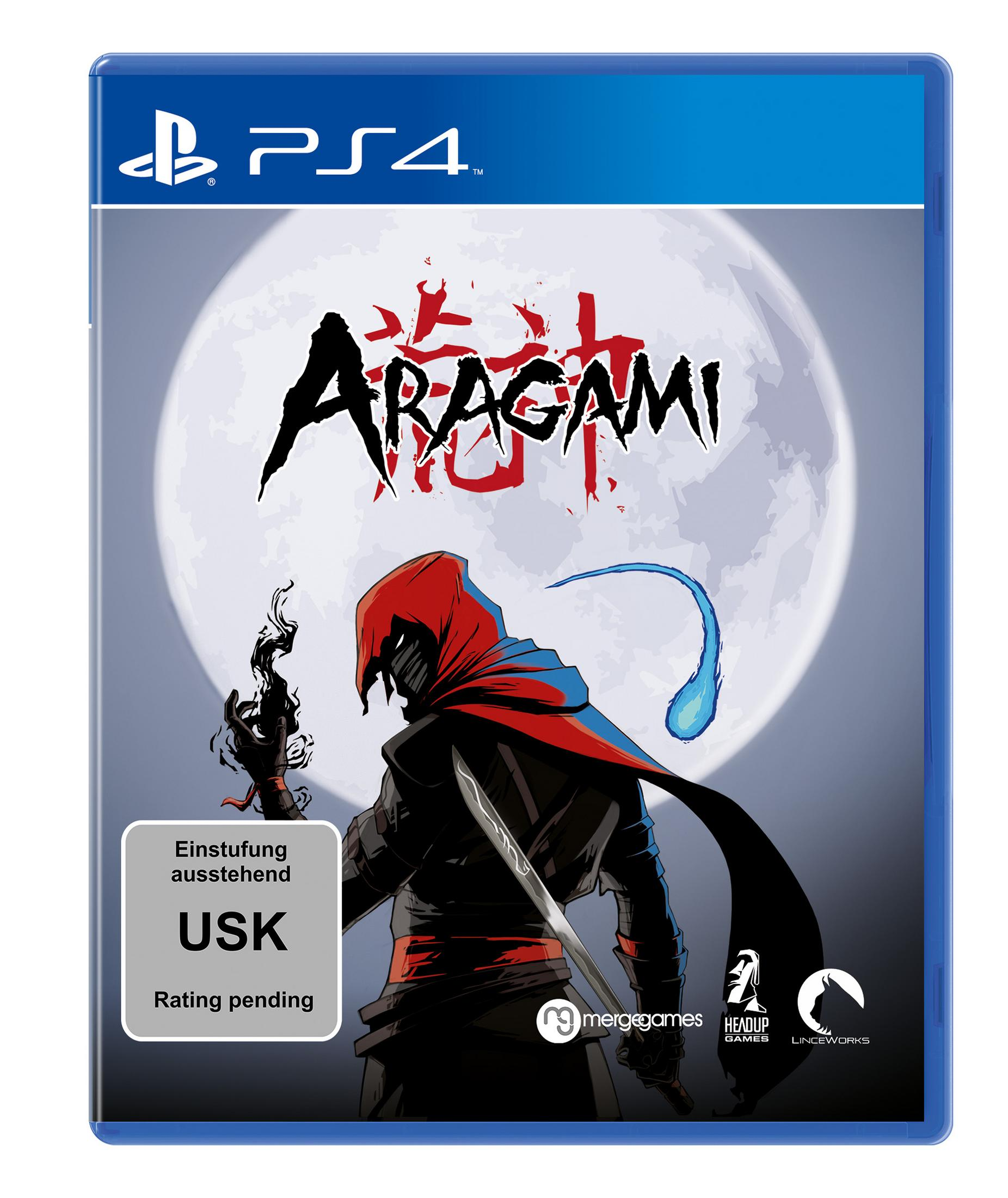 Aragami PS4-Spielcover. Eine Kapuzenfigur mit Schwert steht vor einem großen Mond, mit blauem Schein.