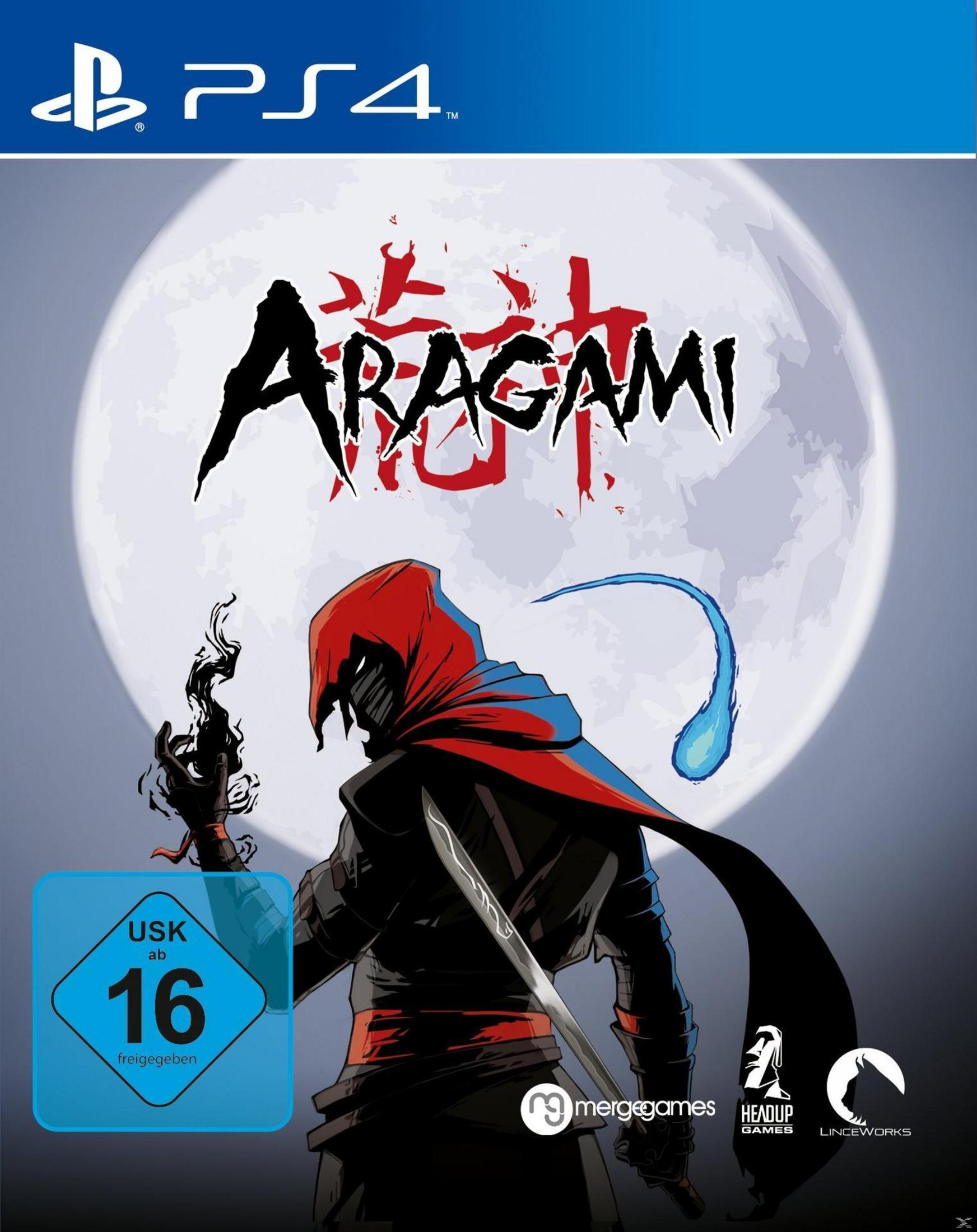 PS4-Spielhülle, 'Aragami'. Mann mit roter Kapuze, Nachtszene. Mond im Hintergrund.