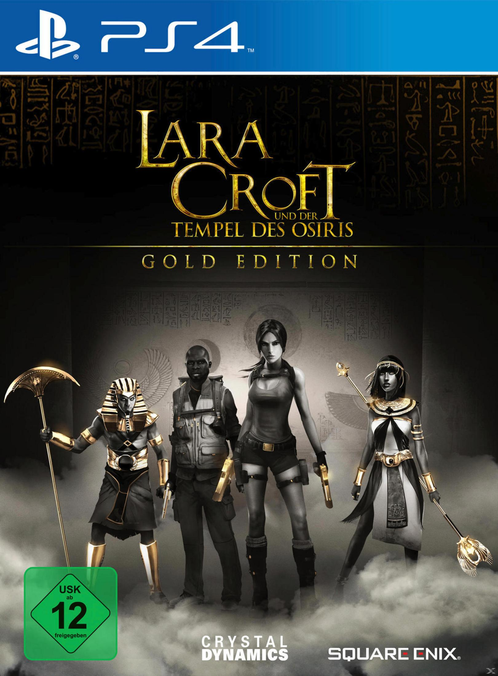 PS4-Spielhülle, 'Lara Croft'. Charaktere stehen. Gold Edition, schwarzer Hintergrund.