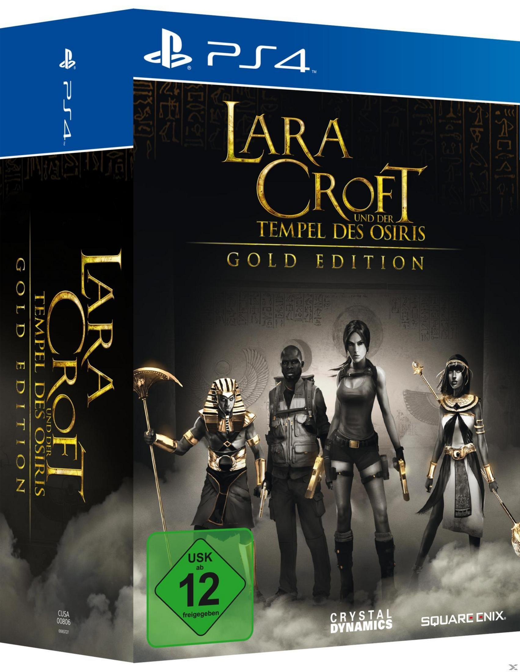 Spielcover: Lara Croft und der Tempel des Osiris Gold Edition, PS4, mit Charakteren.