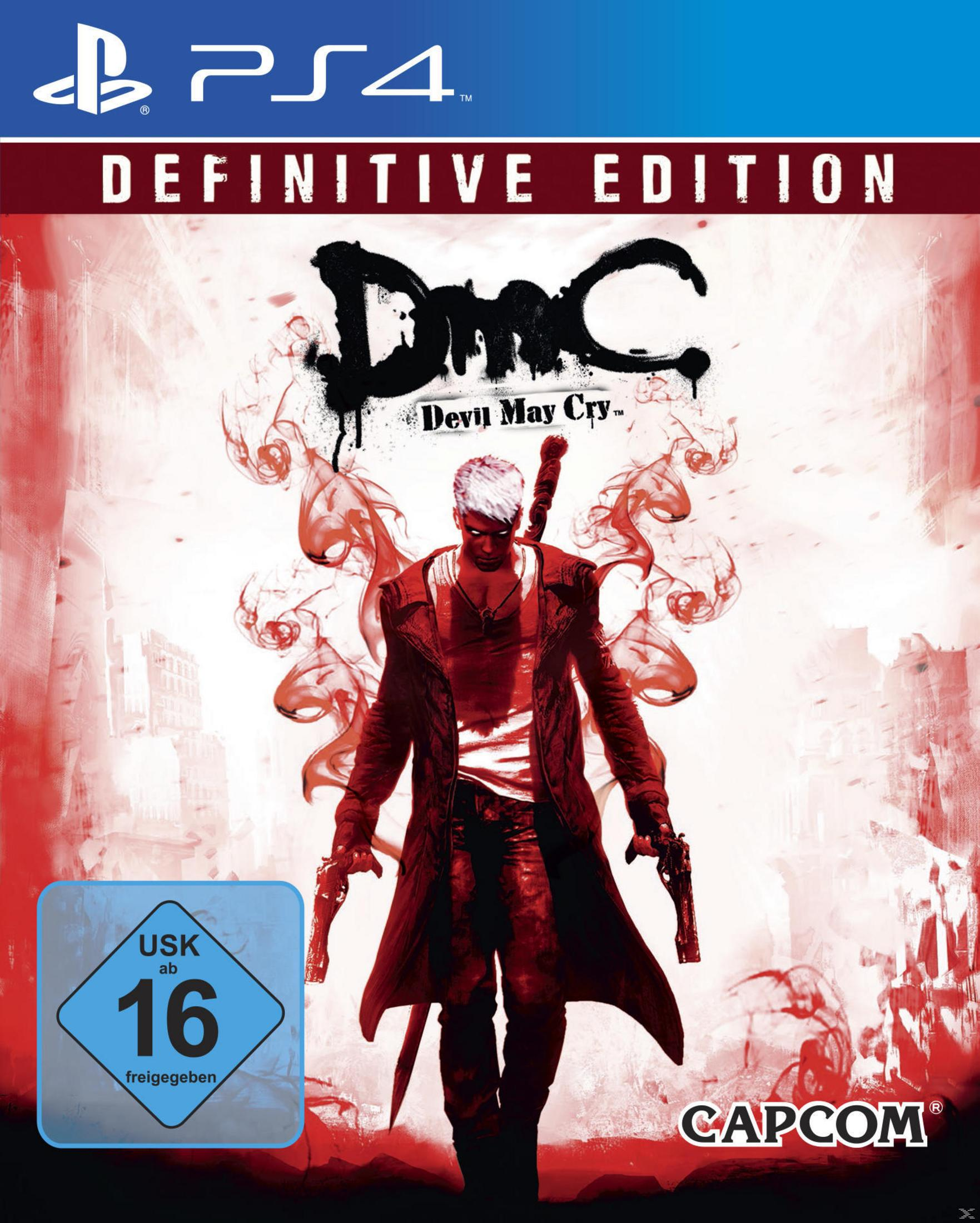 Das Spielcover von DmC Devil May Cry Definitive Edition. Ein Mann in rotem Mantel hält zwei Pistolen.