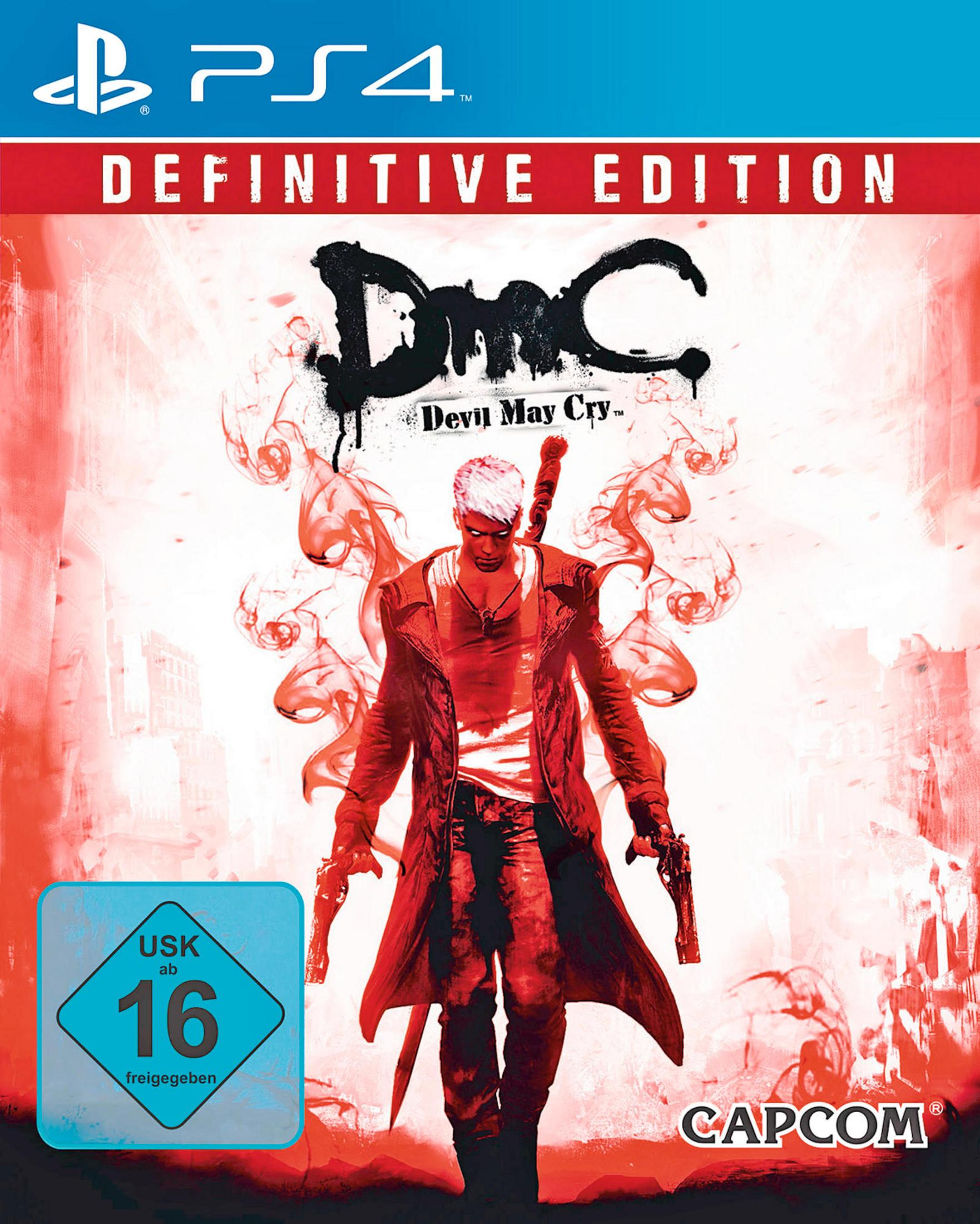 Das Spielcover von DmC Devil May Cry Definitive Edition. Ein Mann in rotem Mantel hält zwei Pistolen.
