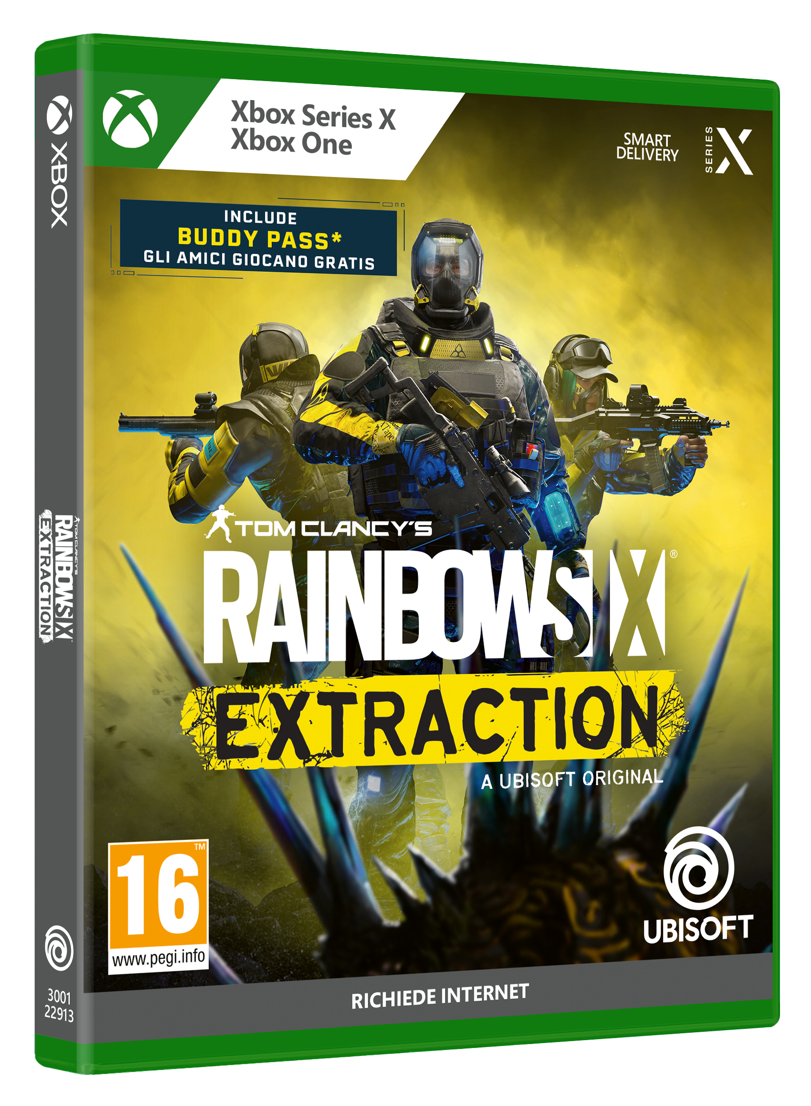 Scatola del gioco Xbox Series X, Tom Clancy's Rainbow Six Extraction. Tre soldati. Verde e nero.