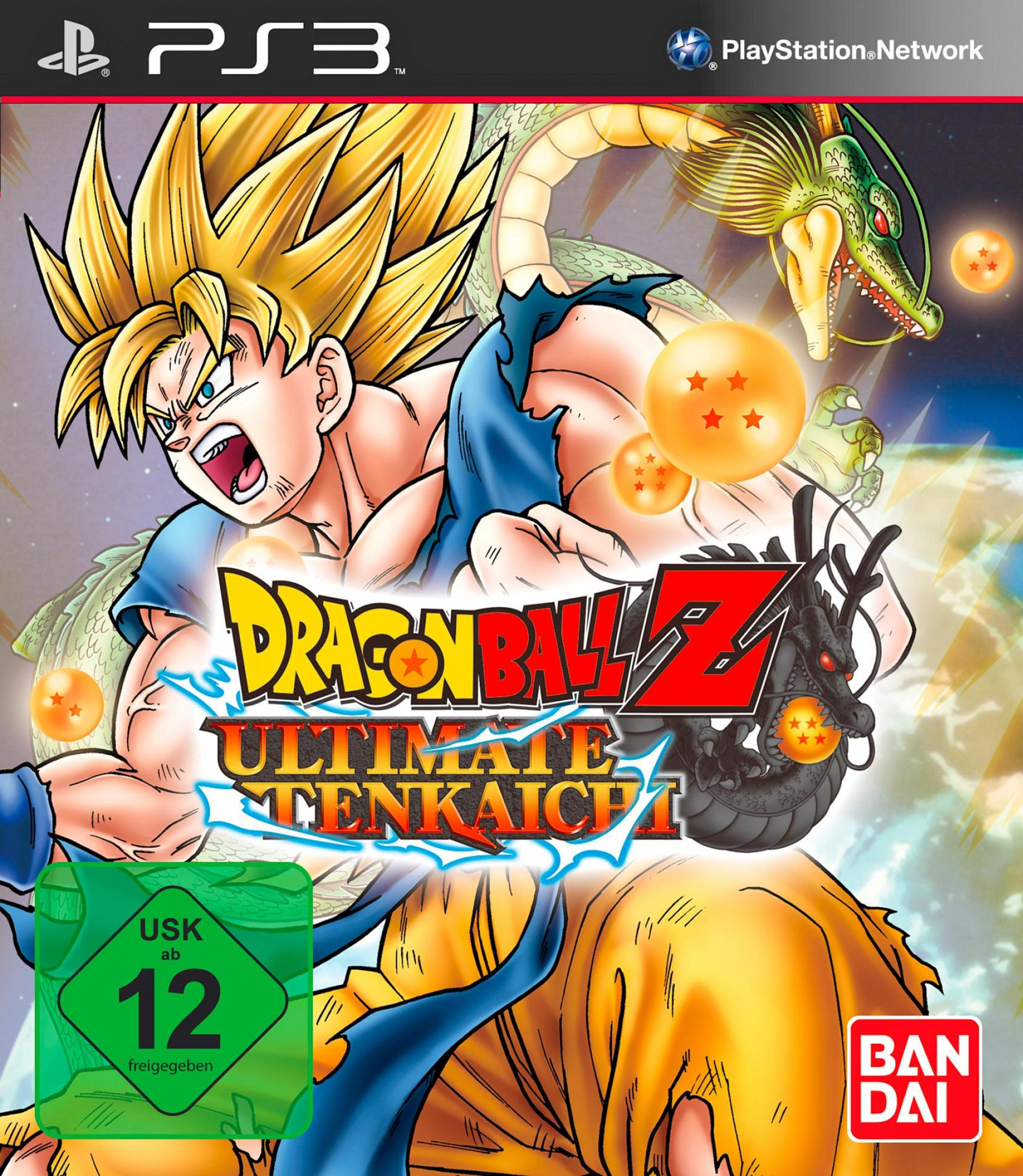 Dragon Ball Z Ultimate Tenkaichi PS3-Spielcover mit Goku, Drachen und Charakteren.