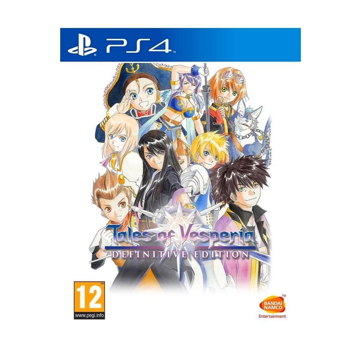Custodia del gioco PS4: 'Tales of Vesperia: Definitive Edition'. Personaggi anime sulla copertina, logo PS4 blu.