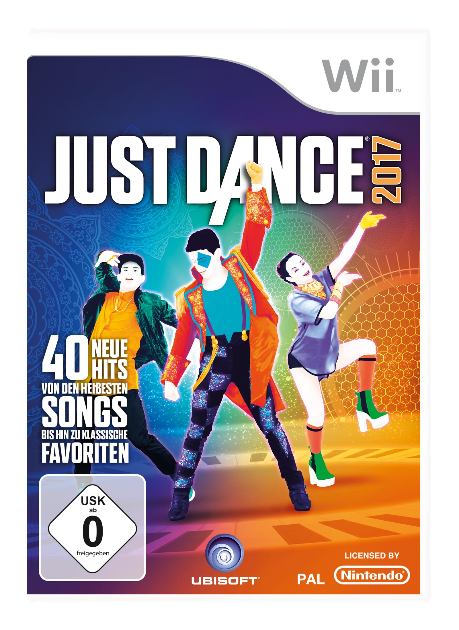 Wii-Spielcover für Just Dance 2017. Zeigt Tänzer in leuchtenden Outfits und einen farbenfrohen Hintergrund.
