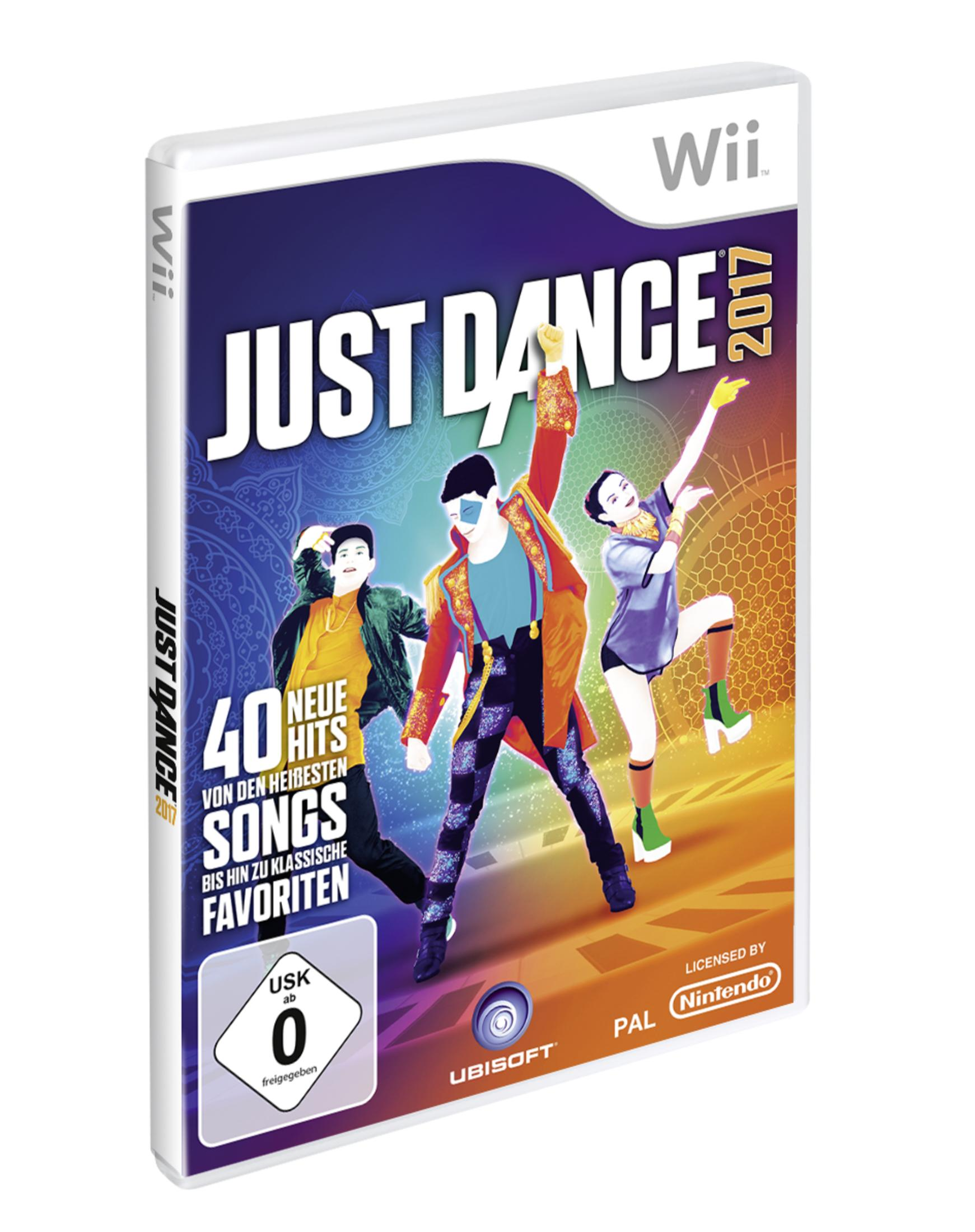 Wii-Spielhülle. 'Just Dance 2017' Cover-Art mit Tänzern, Text und USK-Bewertung.