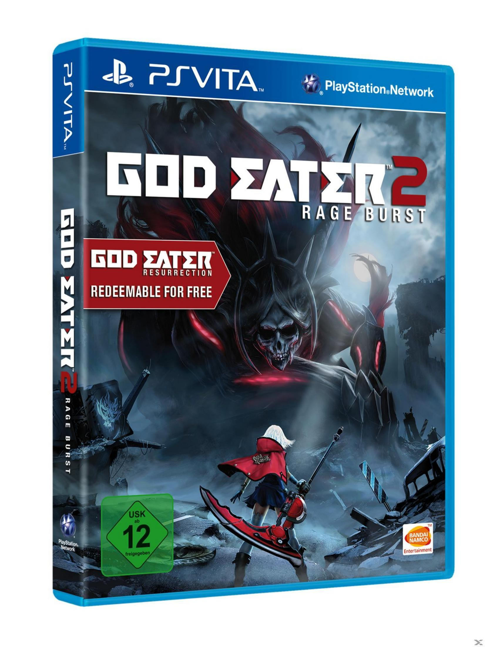 Spielhülle von God Eater 2. Eine Figur mit Schwert steht einem großen Monster gegenüber. Der Hintergrund ist eine apokalyptische Szene.