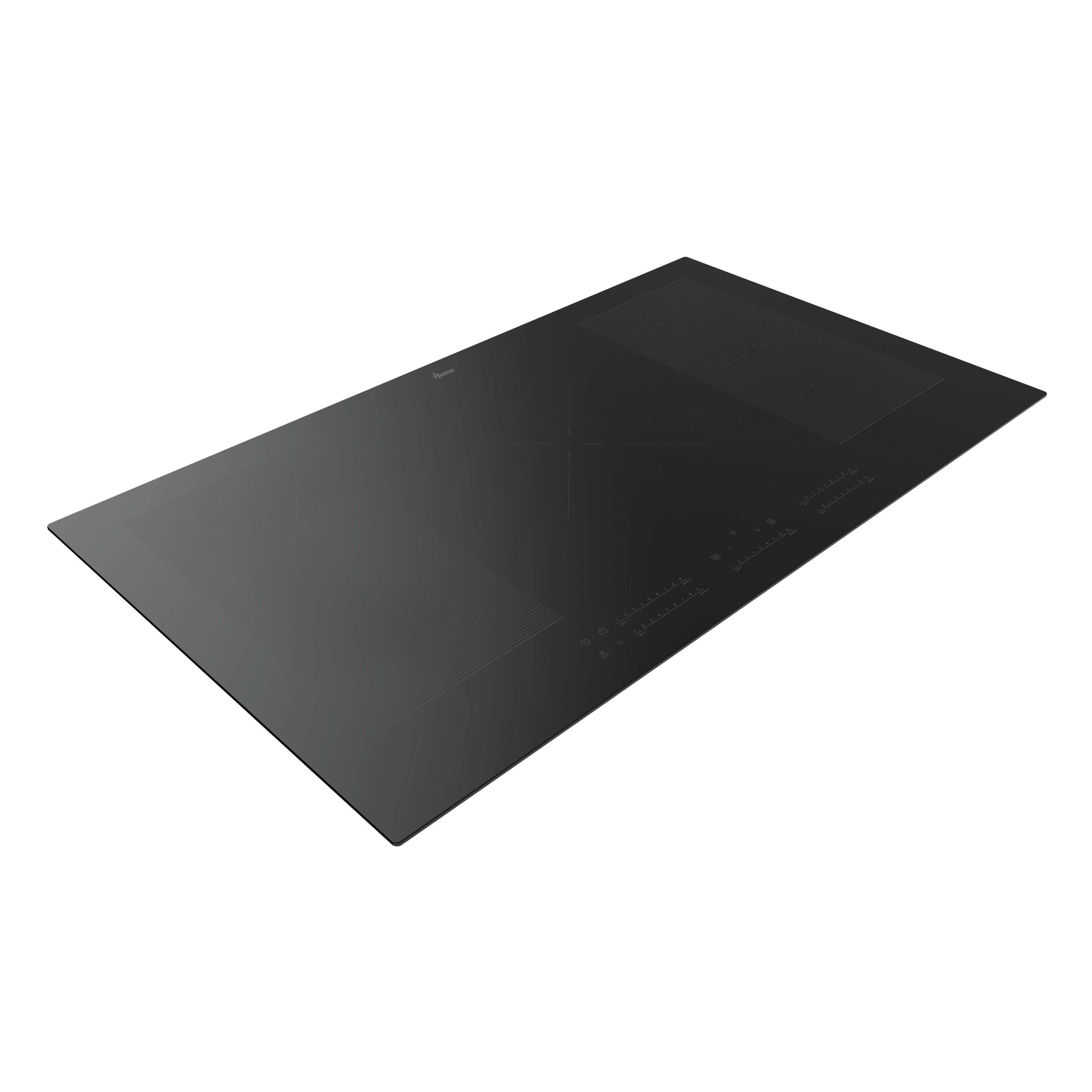 Piano cottura a induzione nero con vista angolata. Presenta comandi touch e un design elegante e moderno.