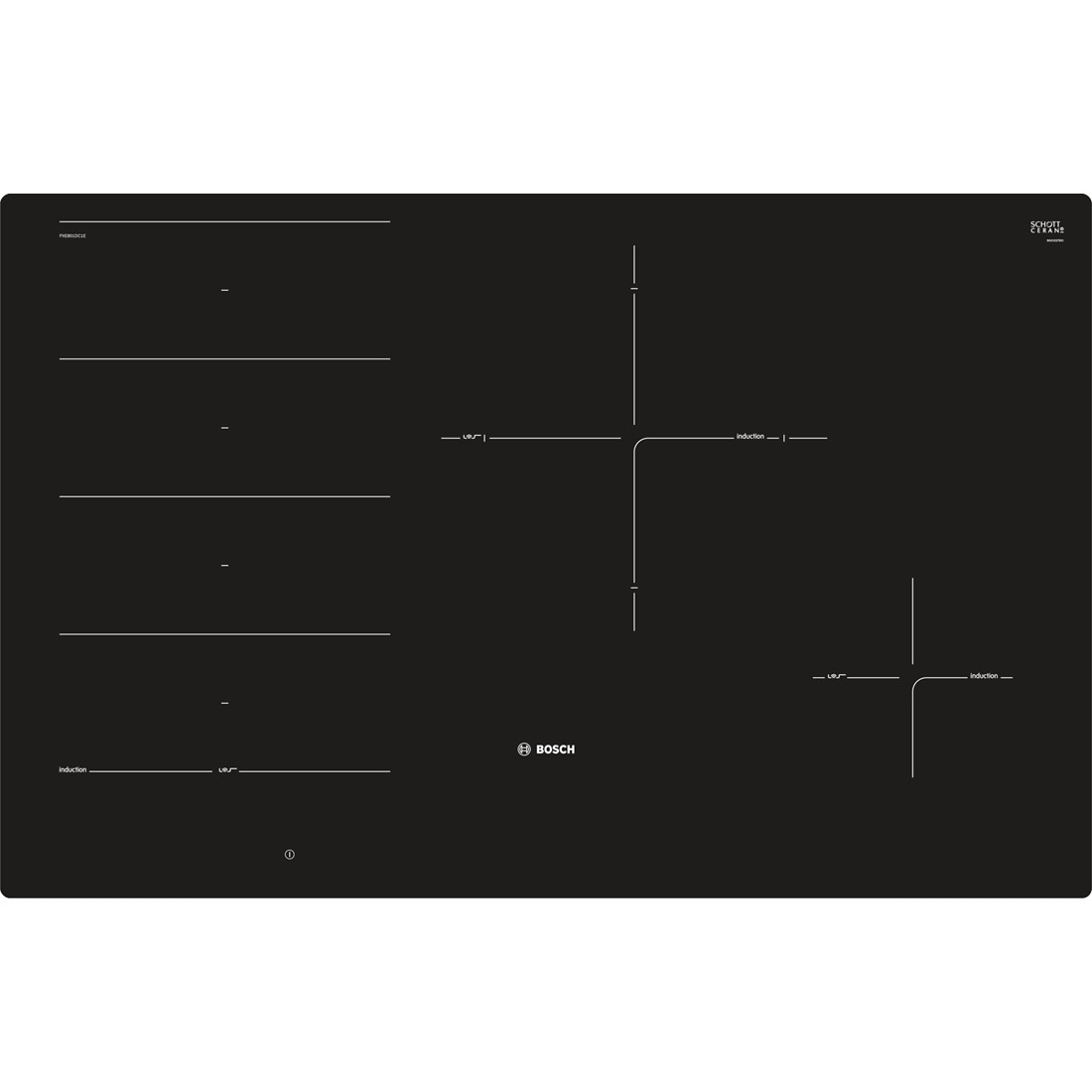 Piano cottura a induzione nero con linee e logo Bosch. Comandi touch. 4 zone cottura con indicatori.