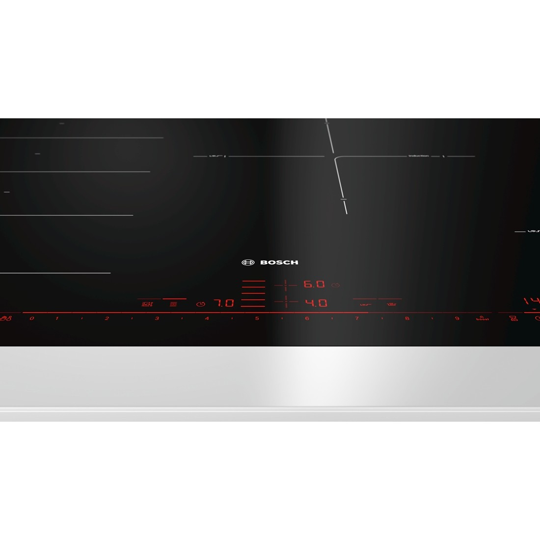 Piano cottura a induzione nero con comandi touch e cifre rosse. Logo Bosch. 4 zone cottura.