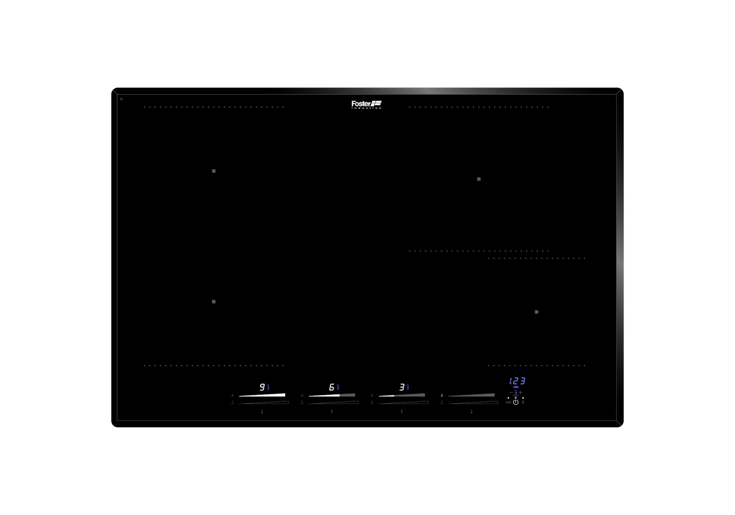 Piano cottura nero con quattro fuochi. Controlli touch con display digitale. Logo Foster Innovation in alto.