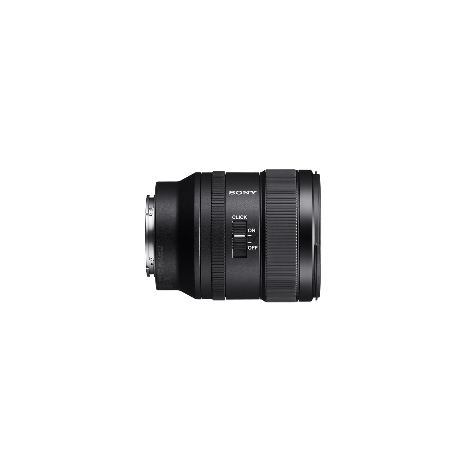 Un objetivo de cámara negro con texto blanco. Es cilíndrico y tiene un interruptor de enfoque y clic.