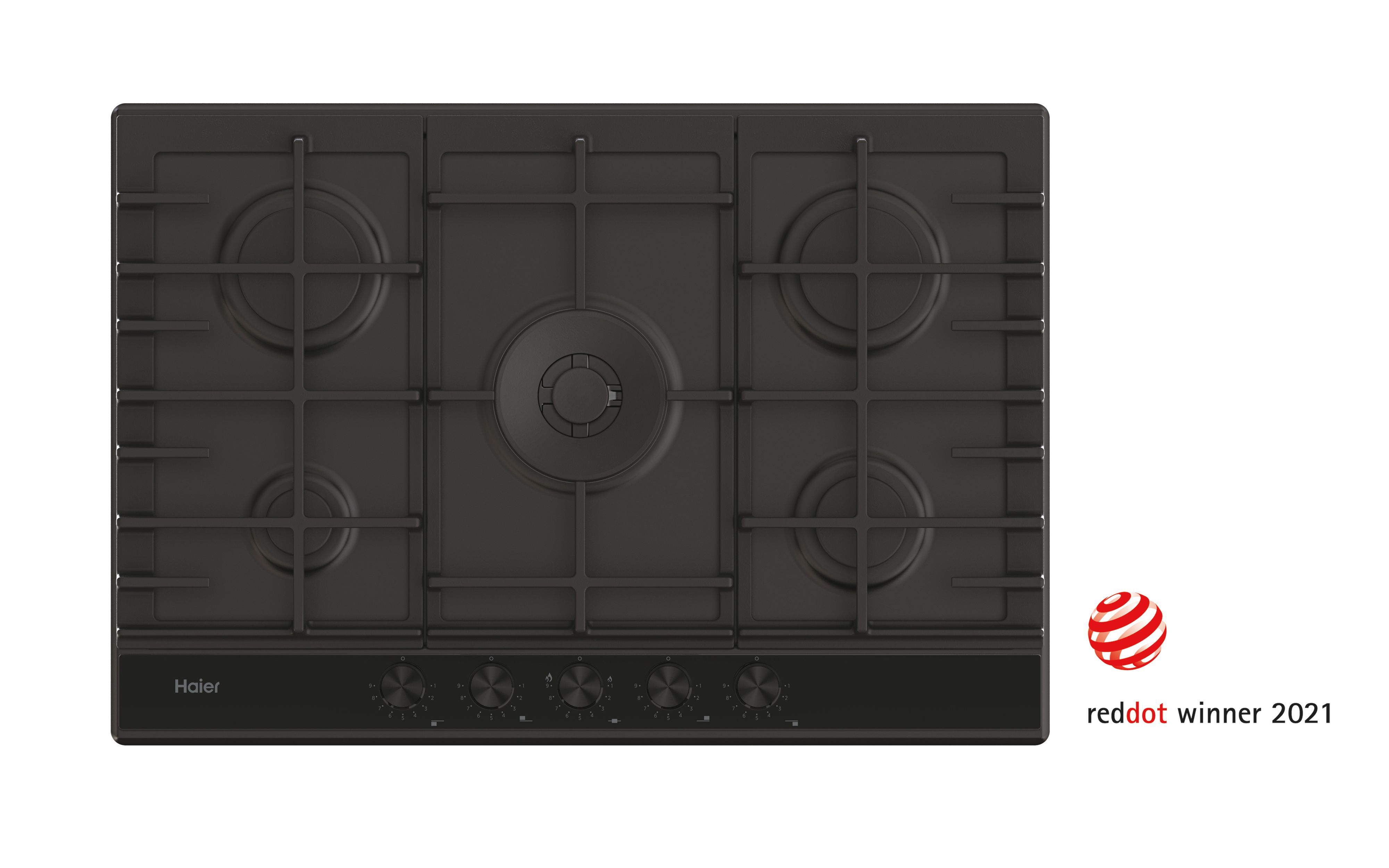 Encimera de gas negra Haier con cinco quemadores y rejilla. Logotipo Reddot winner 2021.