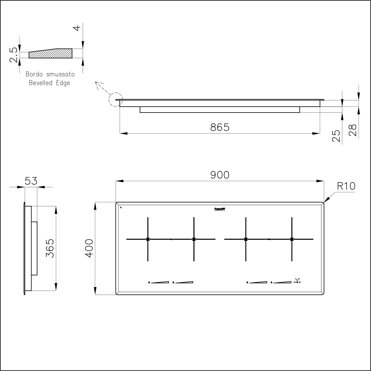 Rysunek techniczny płyty grzewczej. Zawiera wymiary, szczegóły fazowanej krawędzi i rozmieszczenie palników.