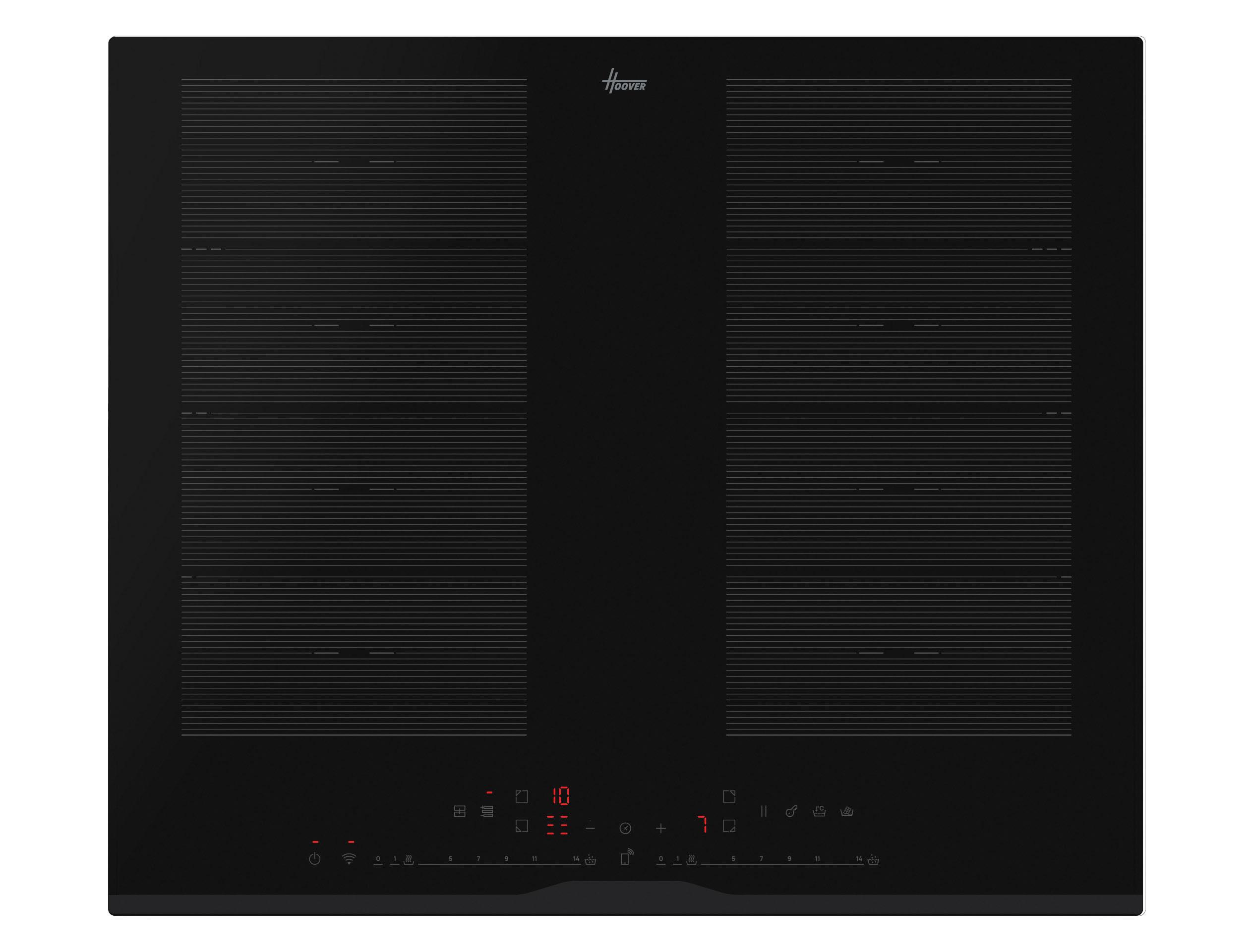 Encimera negra con dos zonas de cocción grandes y panel de control digital con pantalla roja. Marca Bosch.