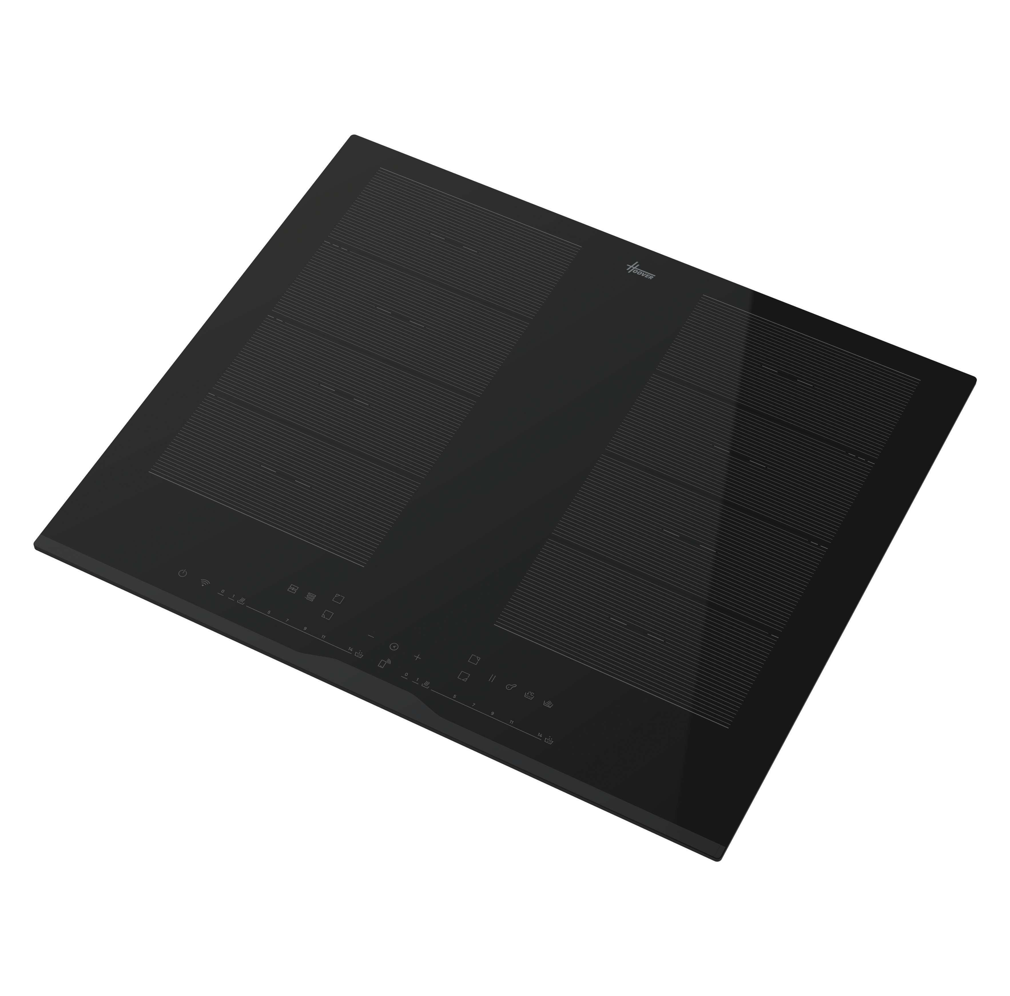 Placa eléctrica negra con dos zonas de cocción rectangulares grandes. La marca es Hoover.