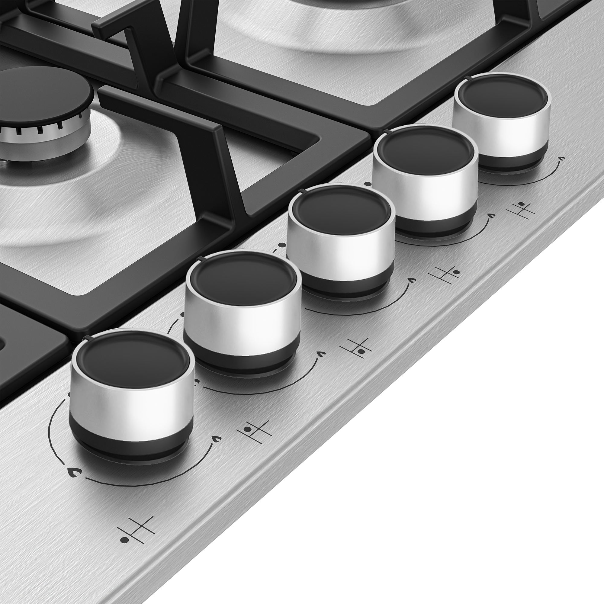 Zbliżenie kuchenki gazowej z pokrętłami i palnikami, powierzchnia ze stali nierdzewnej.