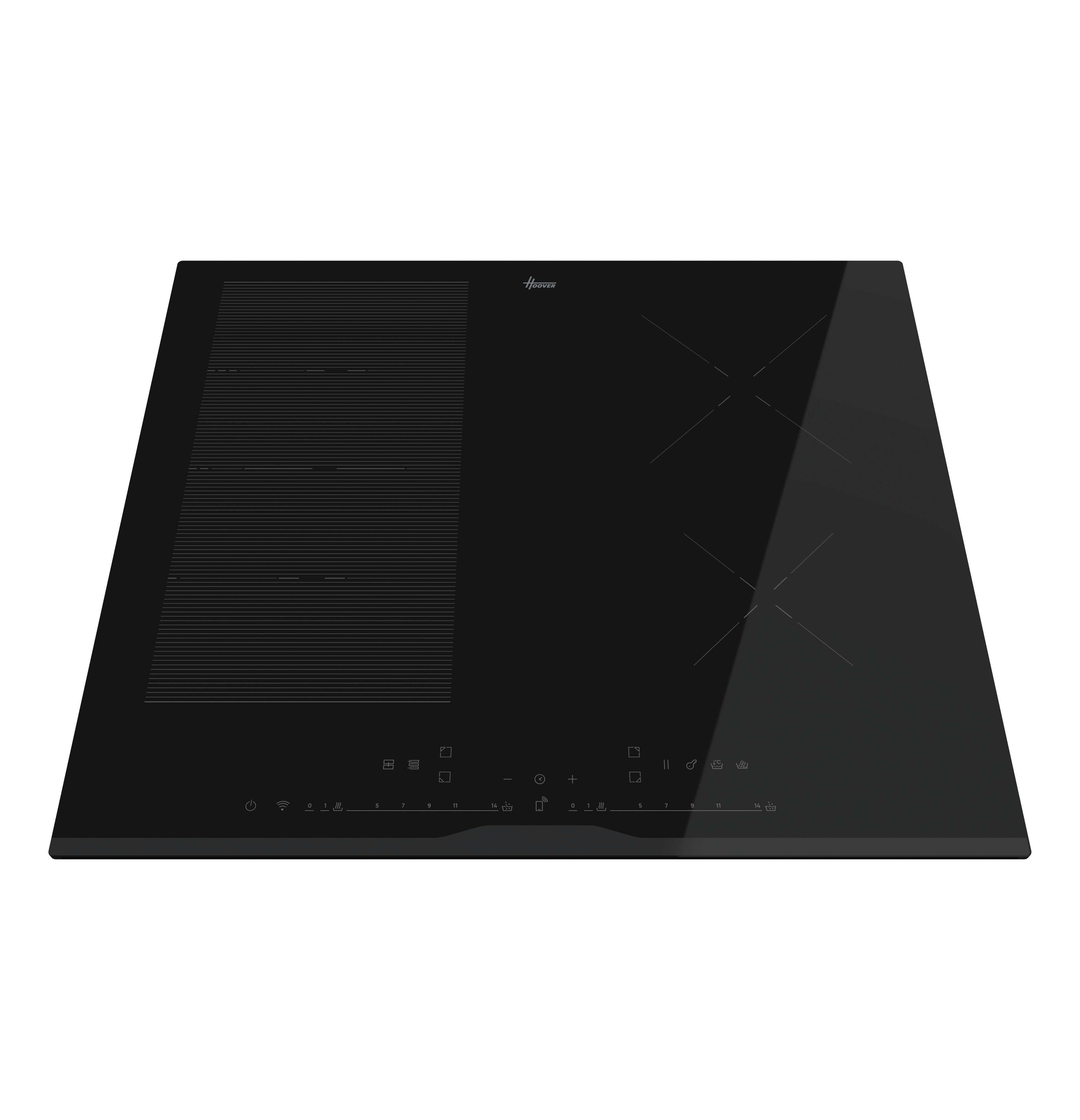 Un piano cottura a induzione nero con comandi touch. Il marchio è Hoover. È su sfondo bianco.