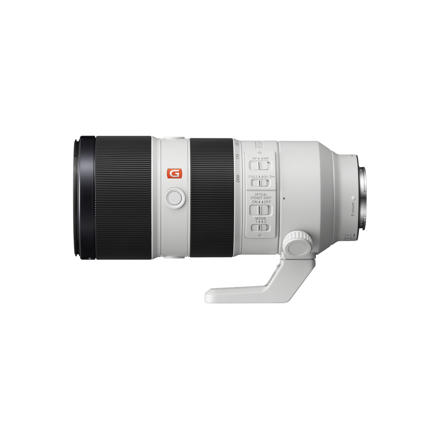 Un objetivo de cámara blanco y negro con un agarre gris y negro. Tiene diales y botones. El fondo es blanco.