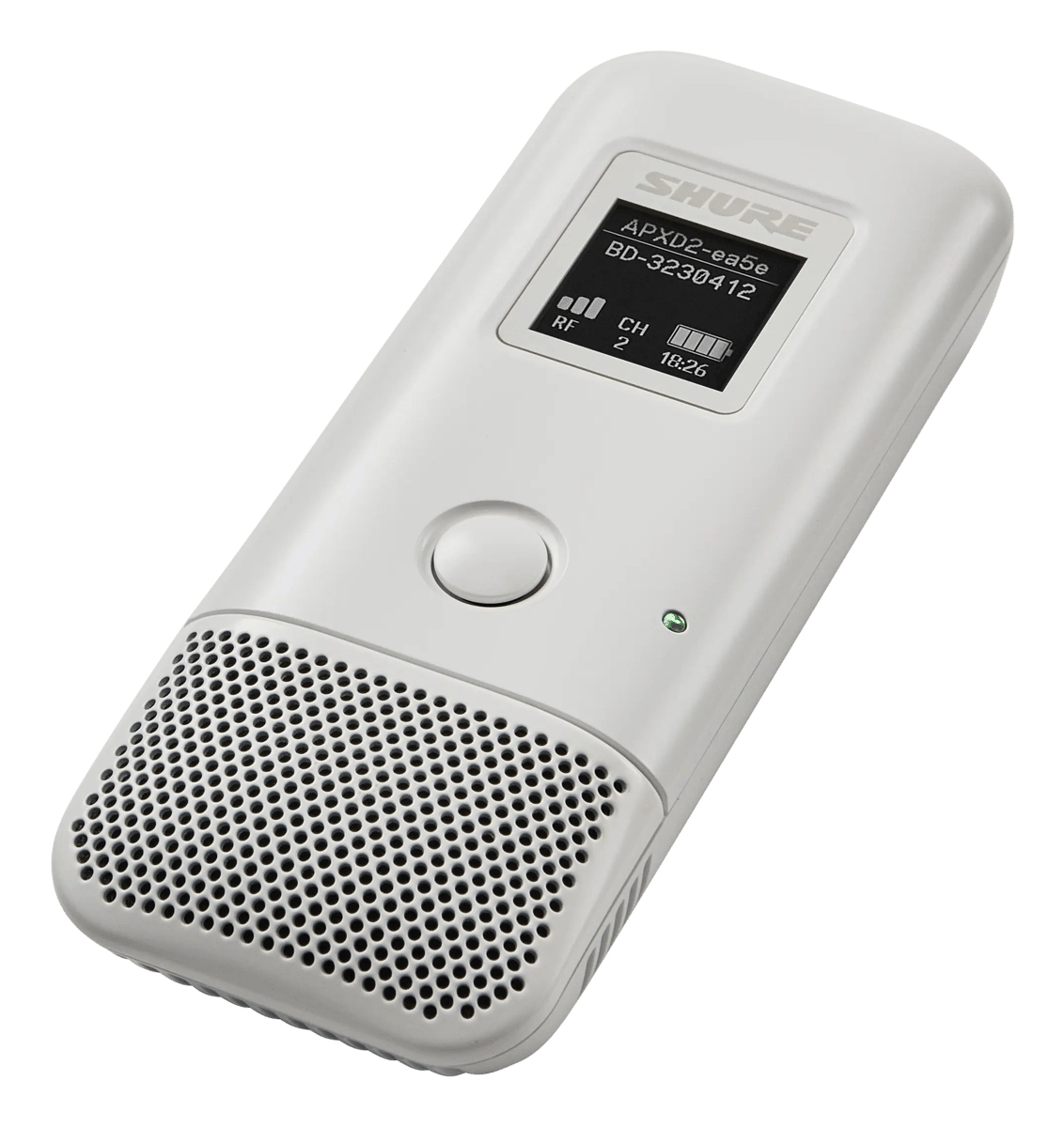 Un dispositivo microfonico portatile bianco con schermo e griglia per altoparlanti.