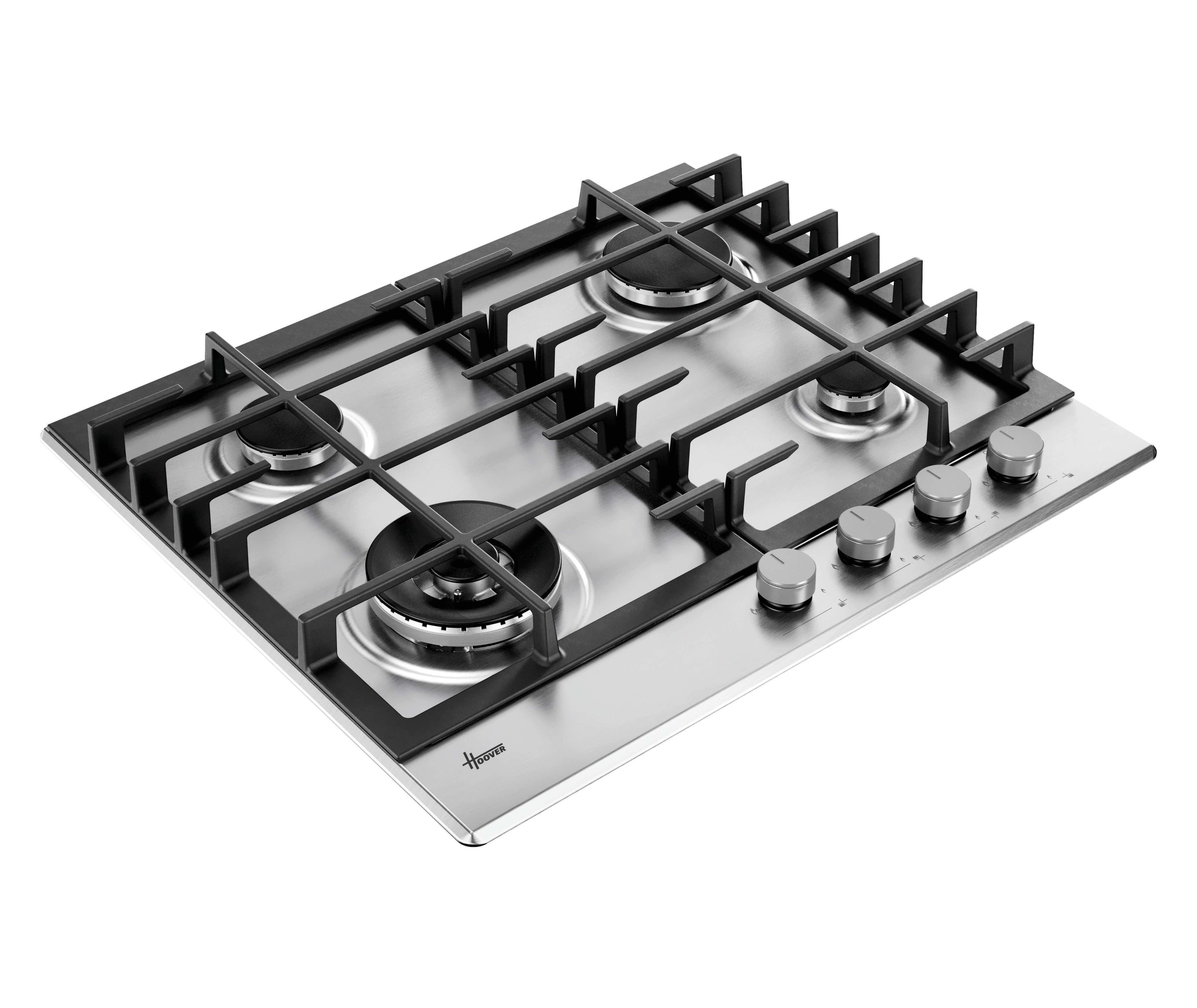 Piano cottura a gas in acciaio inox con quattro fuochi e manopole argentate. Design moderno e pulito.