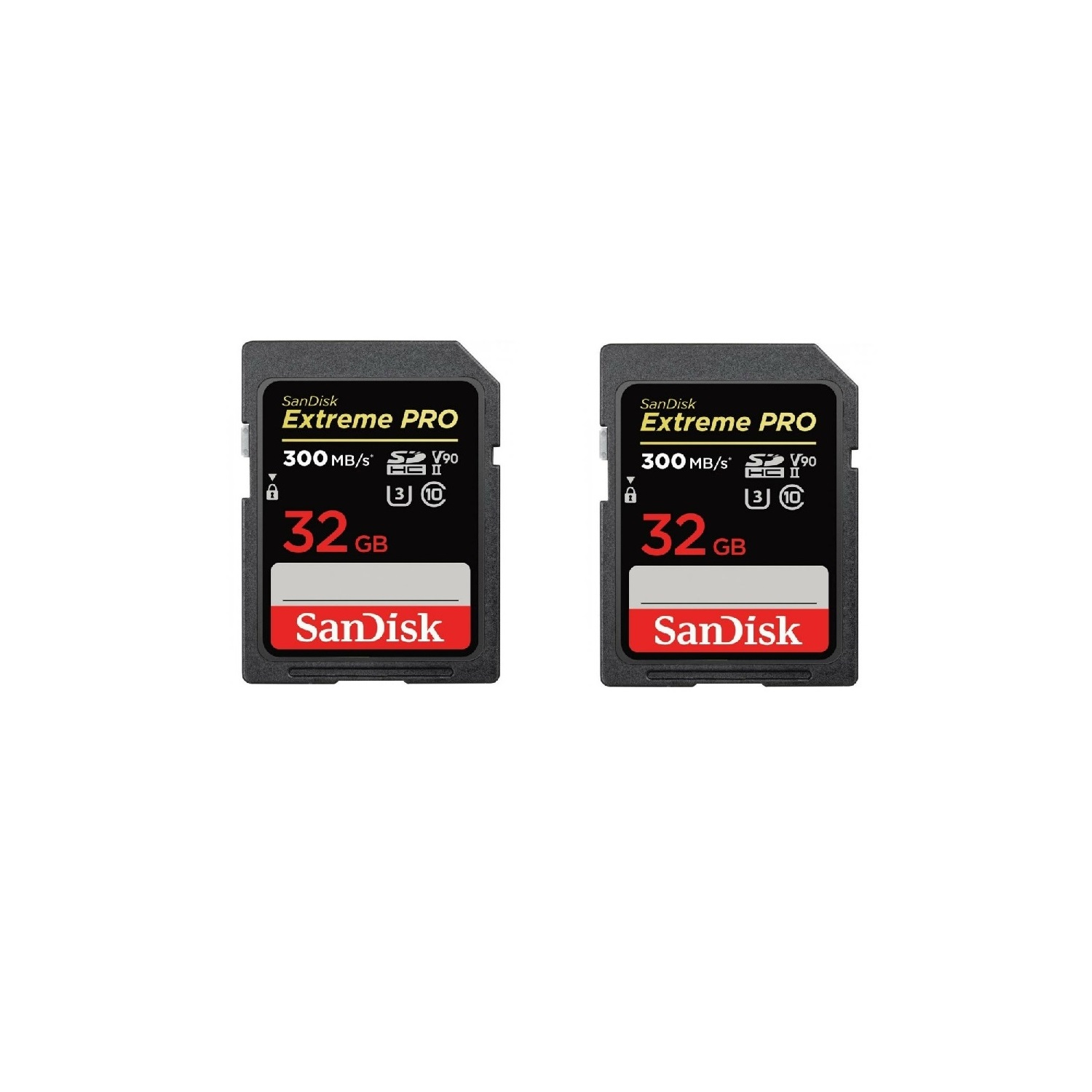 Dos tarjetas SD Sandisk Extreme PRO, negras con etiquetas rojas y blancas.