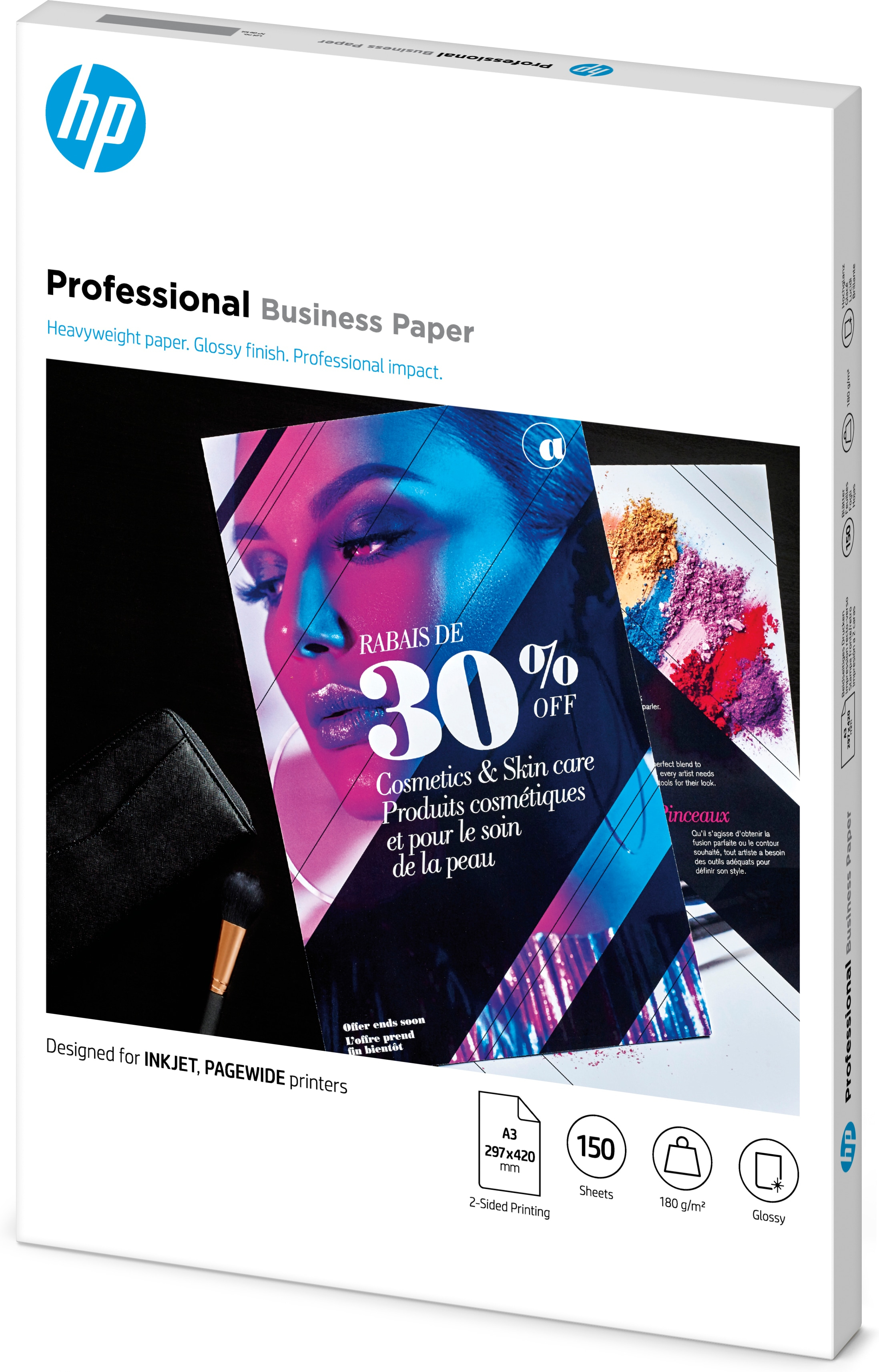 Confezione di carta HP Professional Business con pubblicità cosmetici. Lucida. Inclinata.