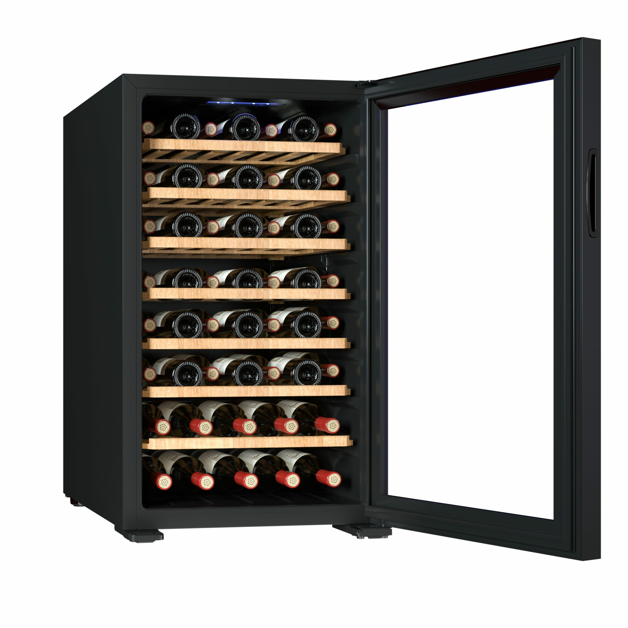 Enfriador de vino negro con la puerta abierta, lleno de botellas de vino en estantes de madera.
