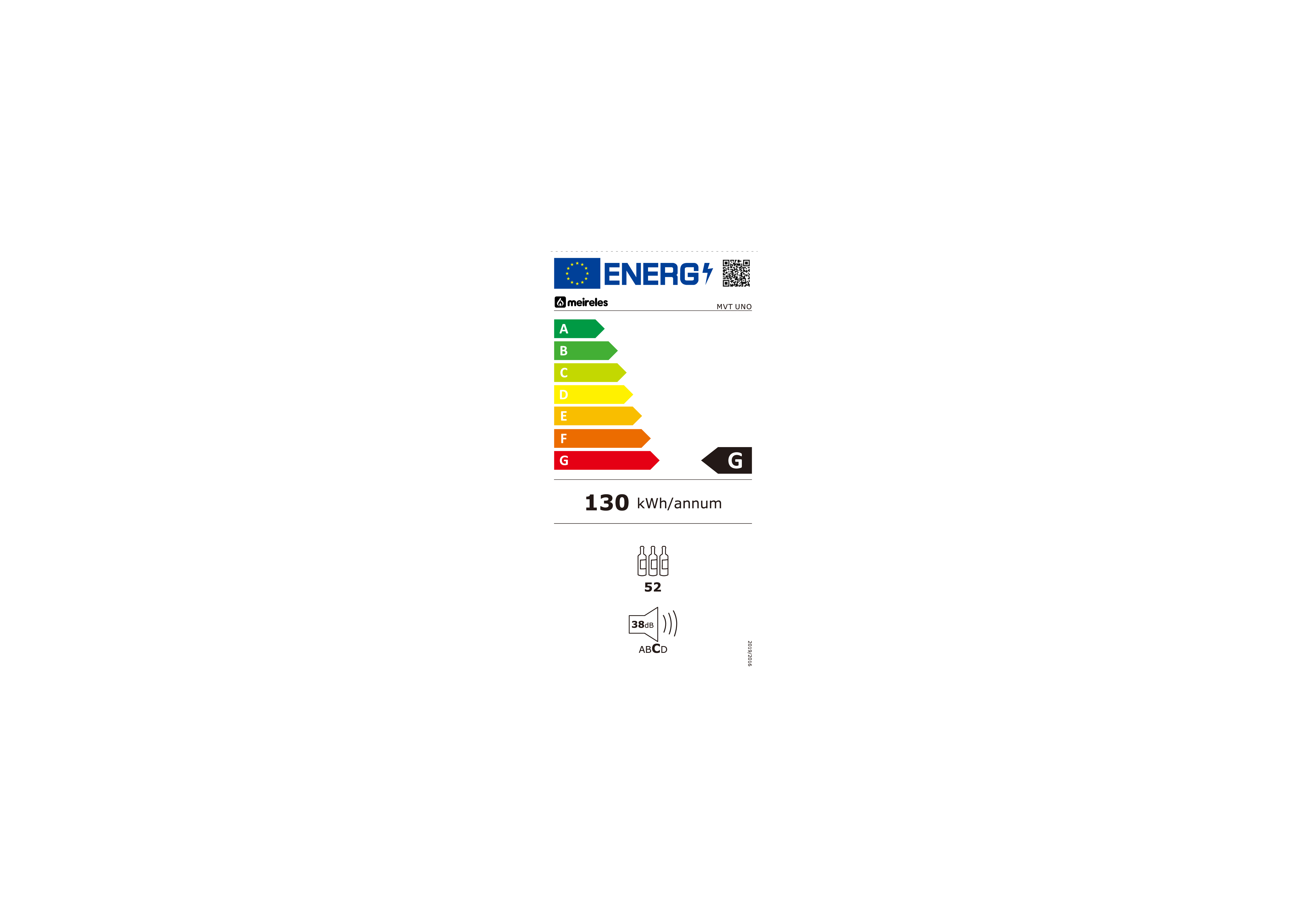 Etiqueta energética para un refrigerador Meireles MVT UNO, mostrando eficiencia energética y datos.
