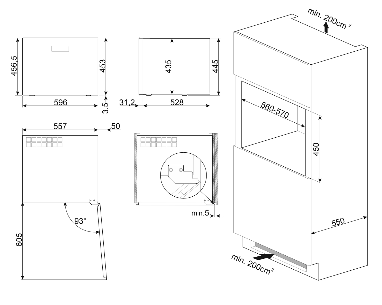 Un diagramma di un frigorifero con dimensioni e dettagli tecnici.