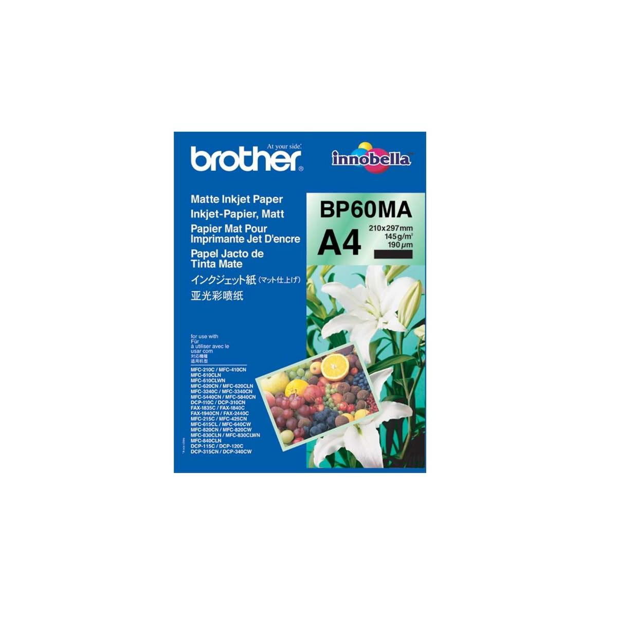 Opakowanie papieru do drukarek atramentowych Brother, z obrazami kwiatów i owoców.