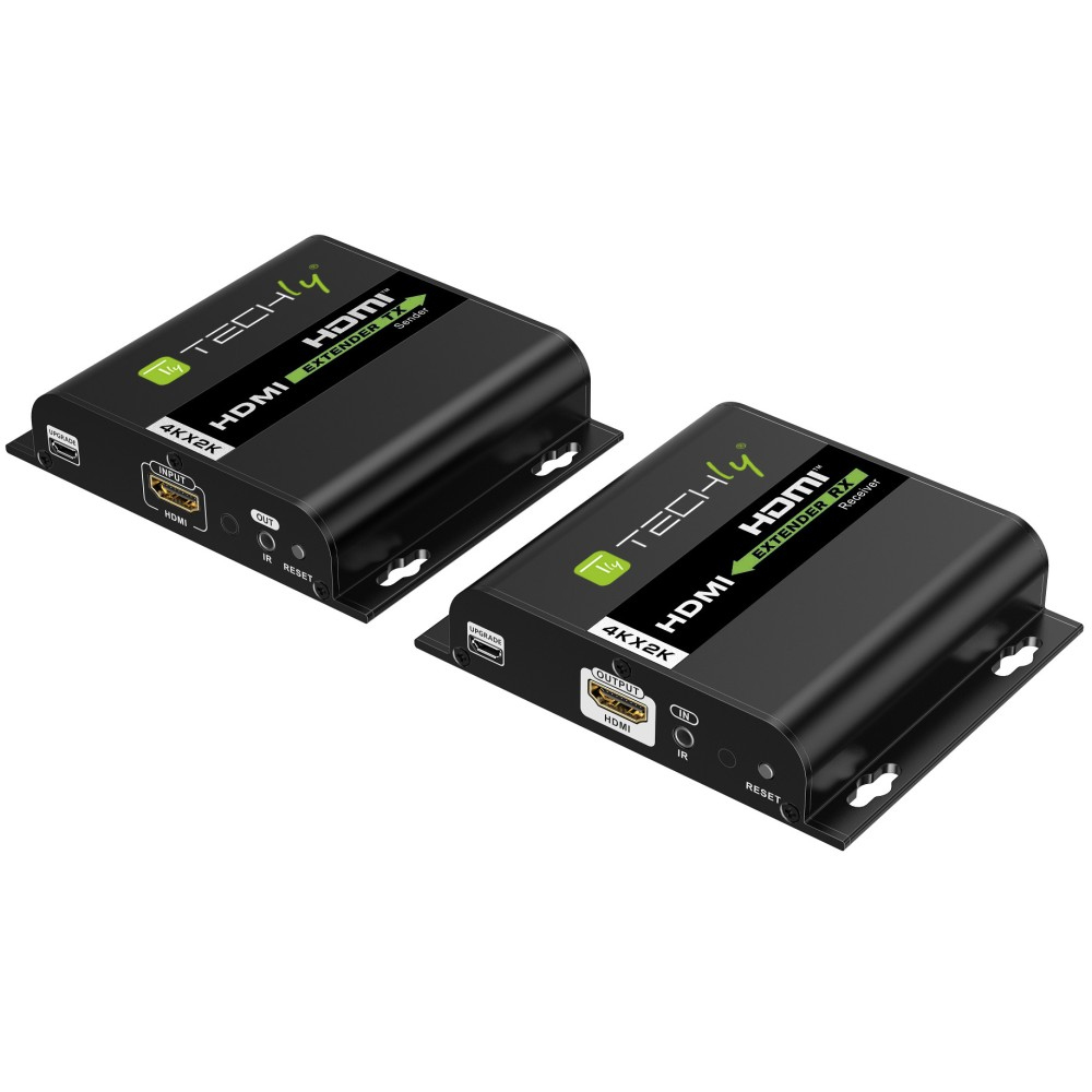 Due ricevitori extender HDMI Techly neri con porte e un pulsante di ripristino.