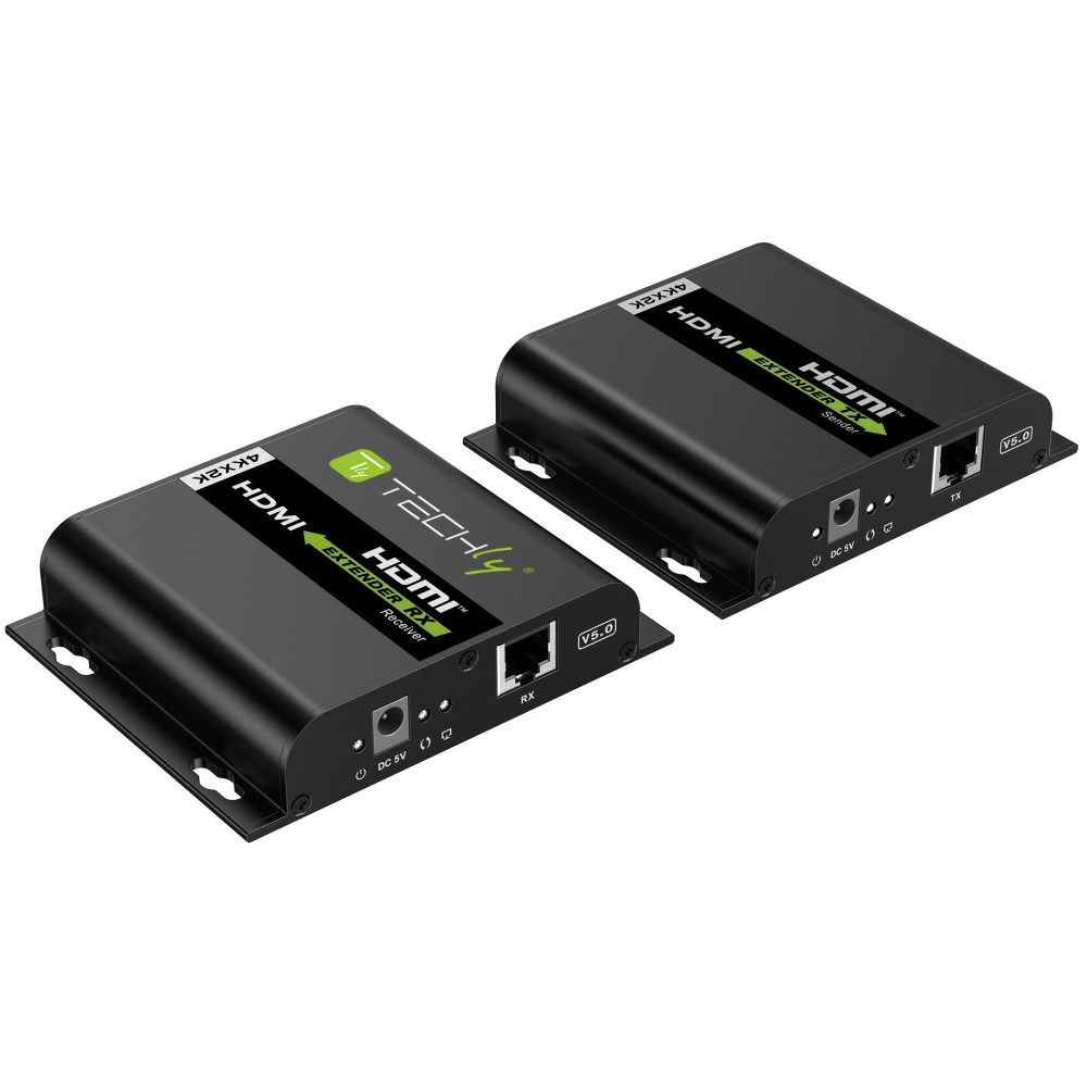 Due extender HDMI neri. Ognuno ha porte ed etichette. Lo sfondo è bianco.