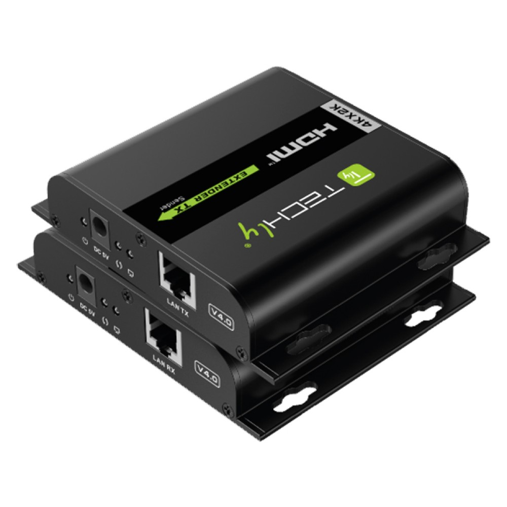 Due extender HDMI neri impilati. Ognuno ha porte ed etichette. Sfondo bianco.